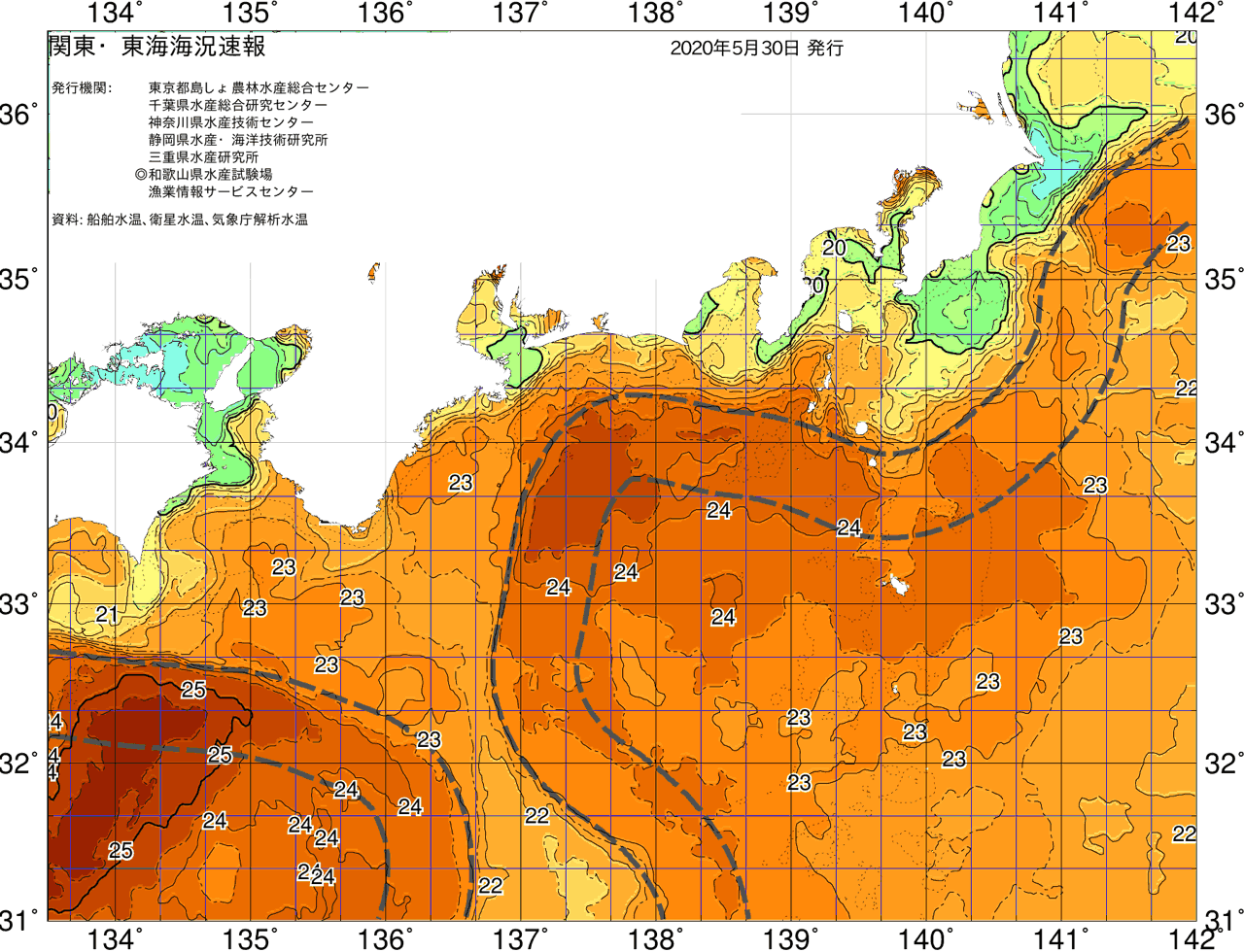 海況図, 関東・東海海況速報/広域 検索結果, (黒潮, 水温分布, 冷水域, 暖水波及 等を図示)