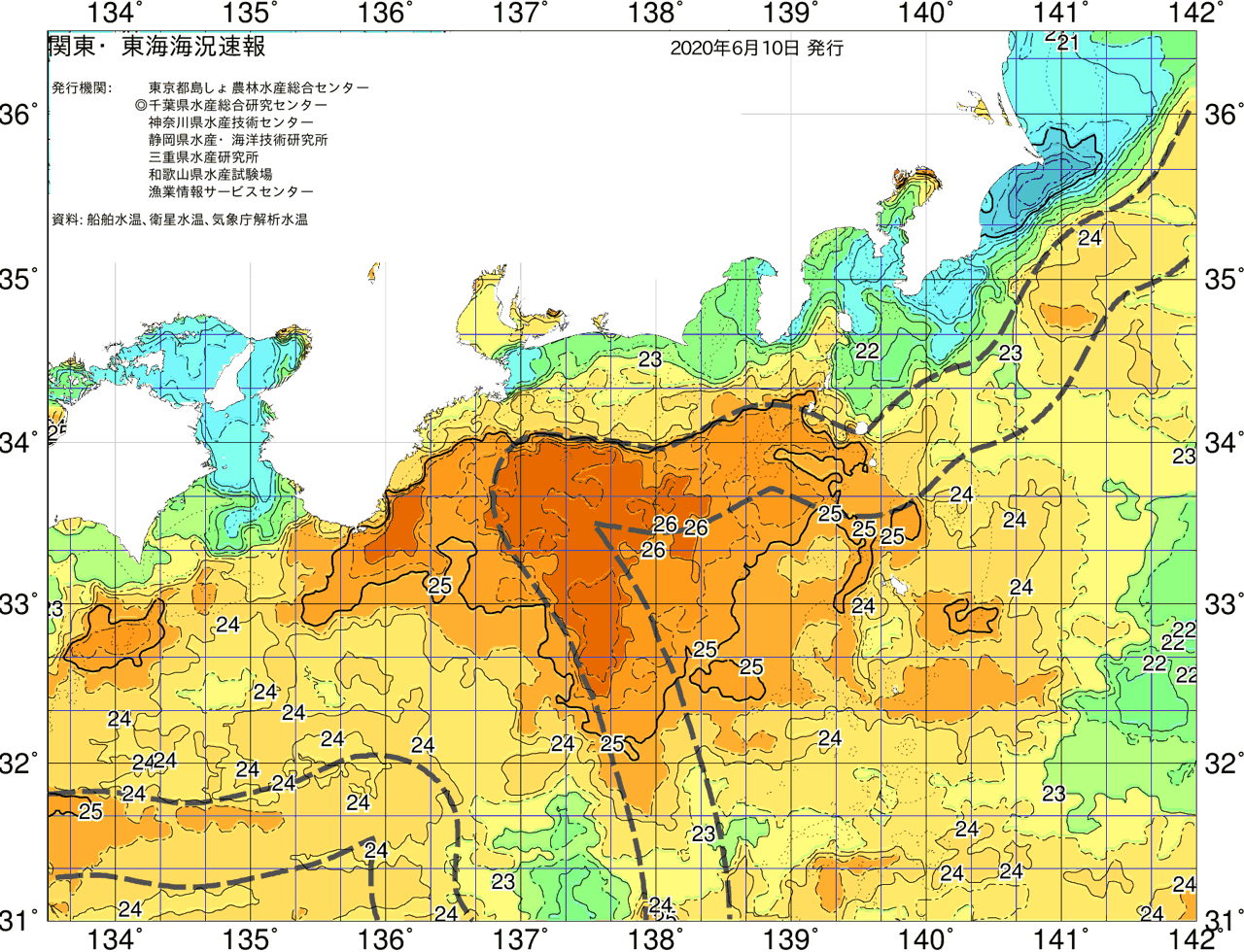 海況図, 関東・東海海況速報/広域 検索結果, (黒潮, 水温分布, 冷水域, 暖水波及 等を図示)