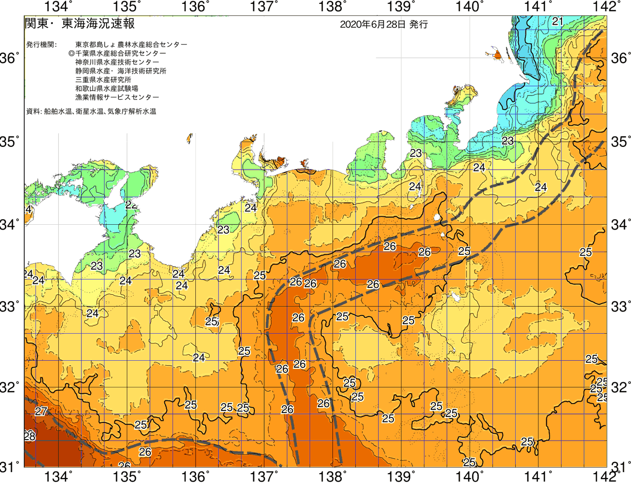 海況図, 関東・東海海況速報/広域 検索結果, (黒潮, 水温分布, 冷水域, 暖水波及 等を図示)