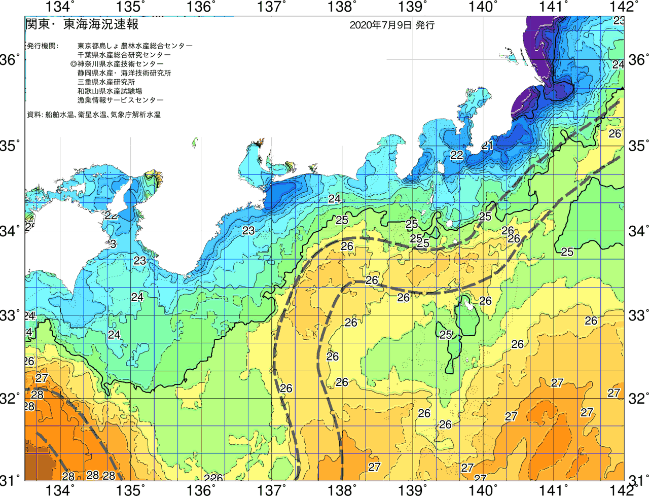 海況図, 関東・東海海況速報/広域 検索結果, (黒潮, 水温分布, 冷水域, 暖水波及 等を図示)