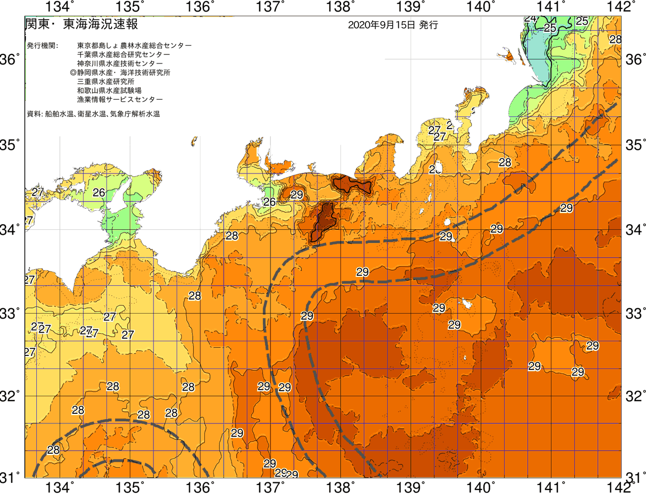 海況図, 関東・東海海況速報/広域 検索結果, (黒潮, 水温分布, 冷水域, 暖水波及 等を図示)