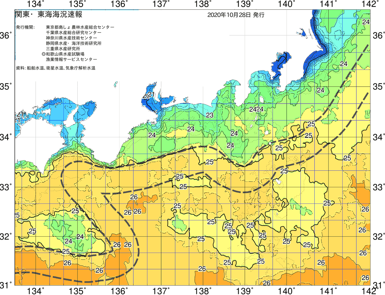 海況図, 関東・東海海況速報/広域 検索結果, (黒潮, 水温分布, 冷水域, 暖水波及 等を図示)