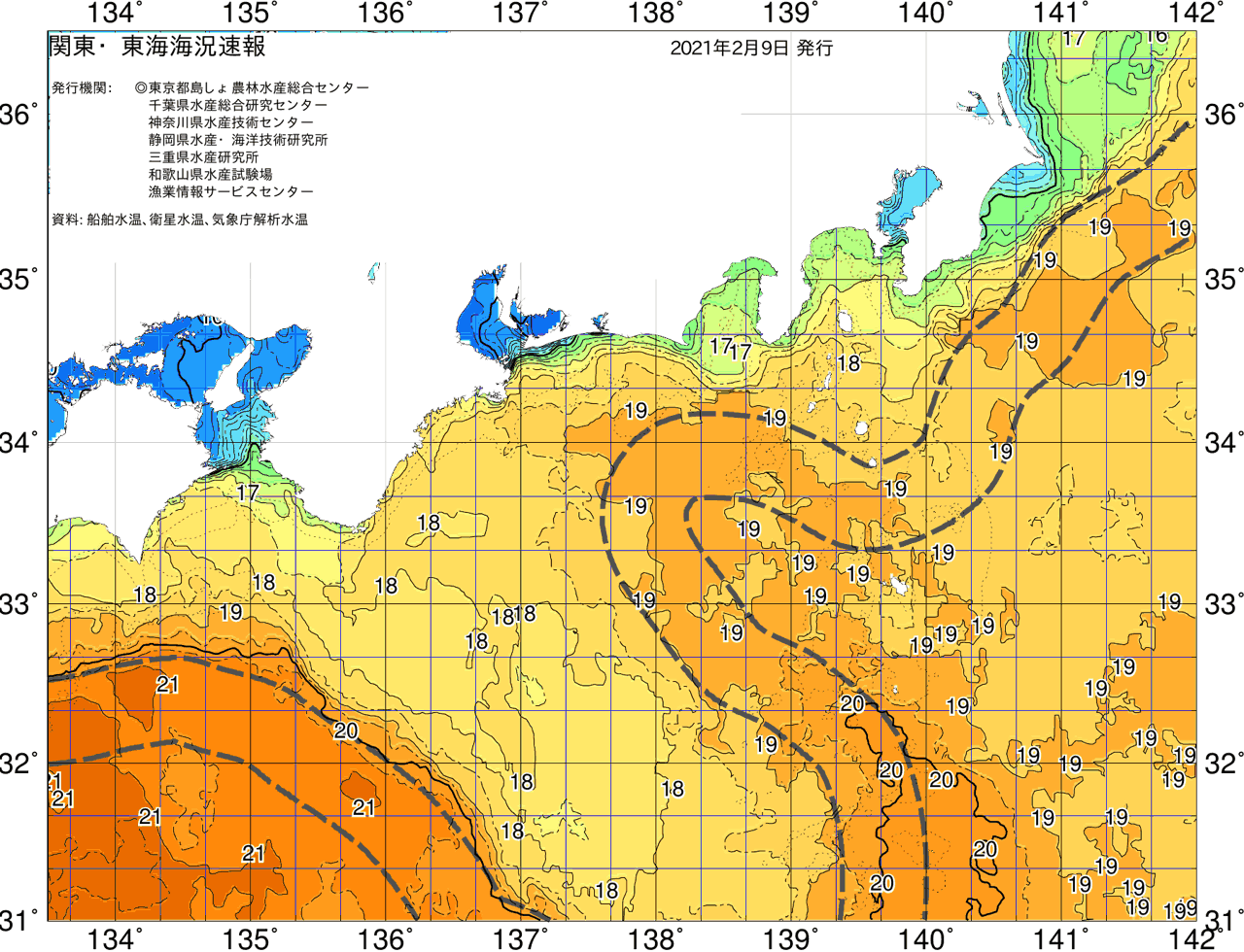 海況図, 関東・東海海況速報/広域 検索結果, (黒潮, 水温分布, 冷水域, 暖水波及 等を図示)