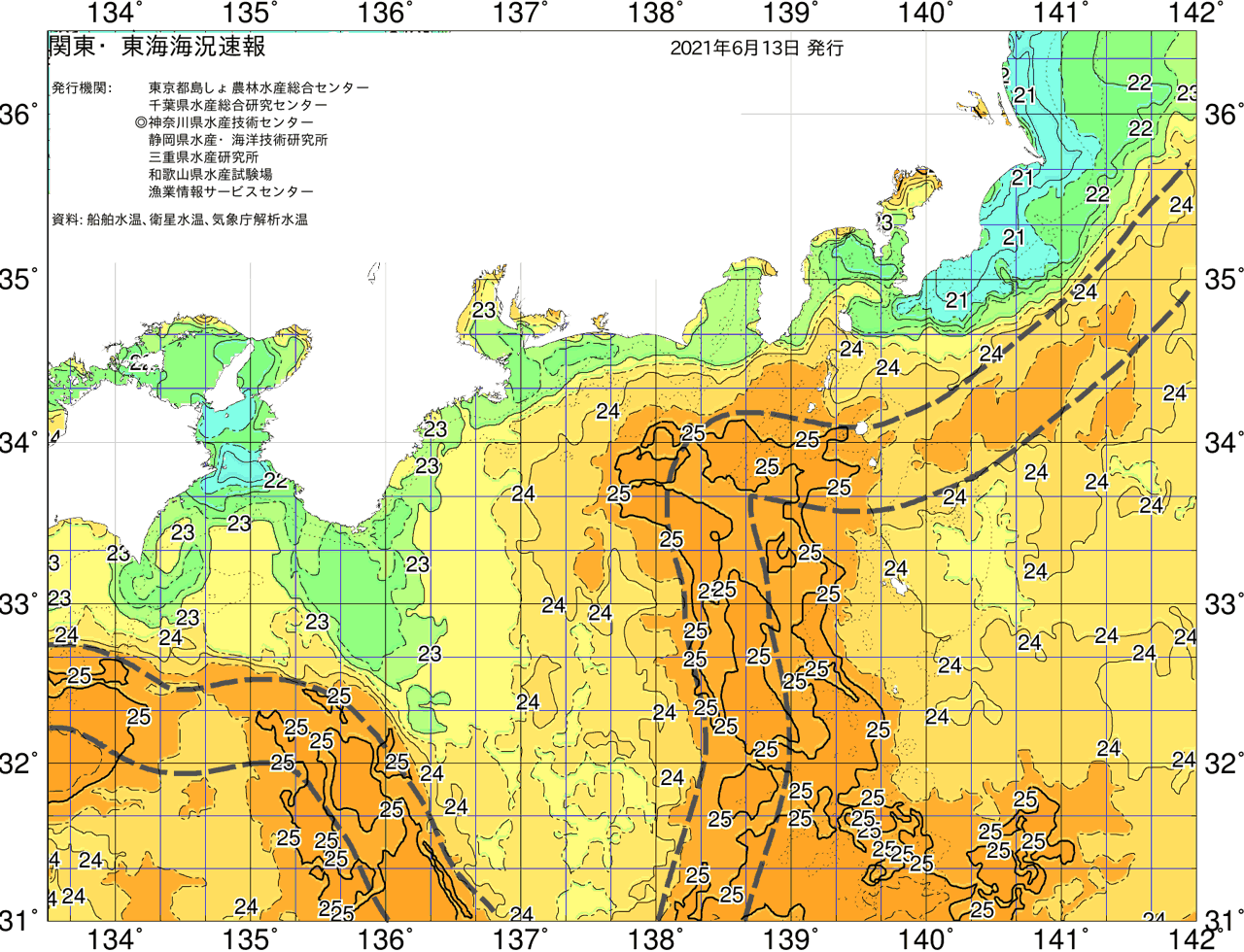 海況図, 関東・東海海況速報/広域 検索結果, (黒潮, 水温分布, 冷水域, 暖水波及 等を図示)