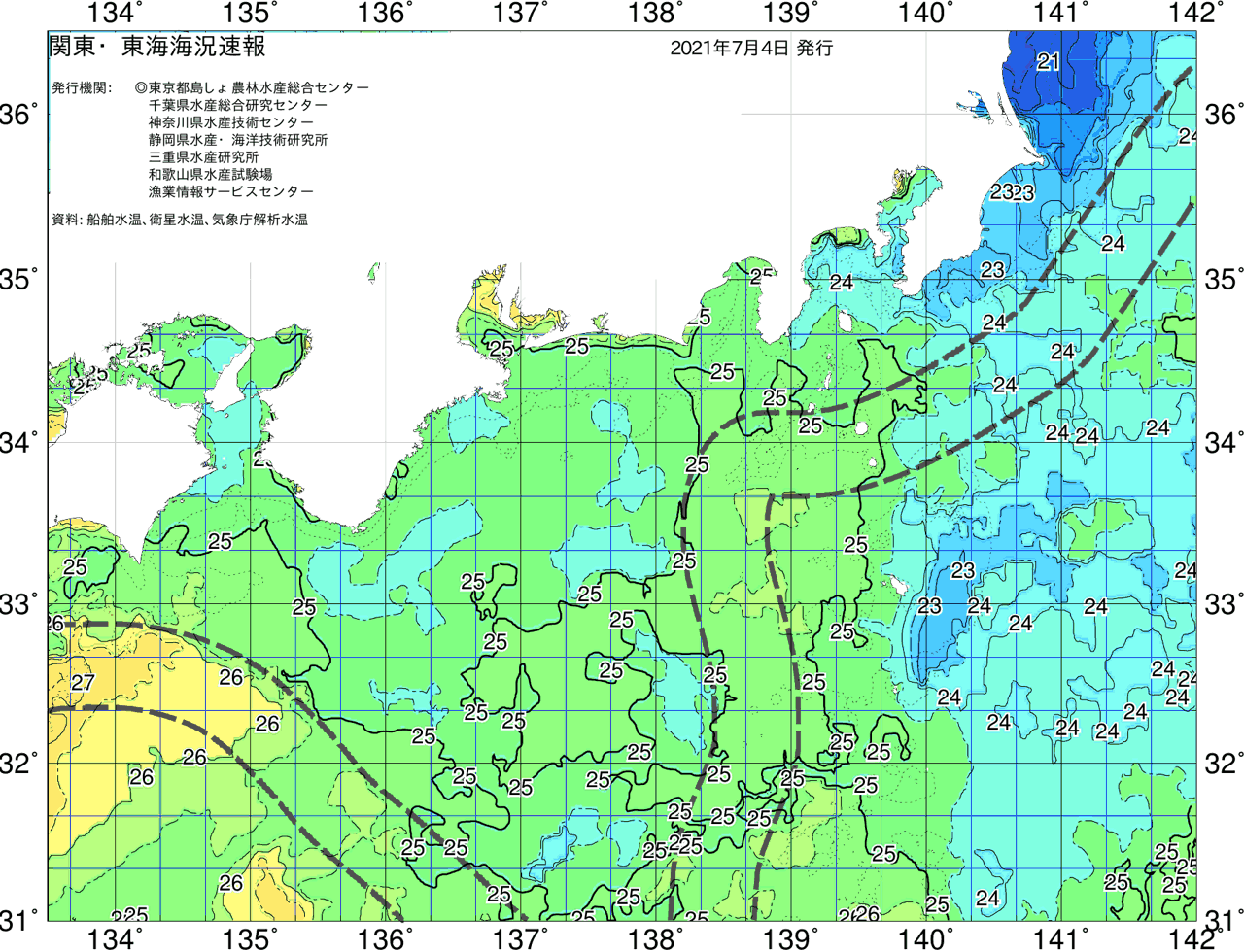 海況図, 関東・東海海況速報/広域 検索結果, (黒潮, 水温分布, 冷水域, 暖水波及 等を図示)