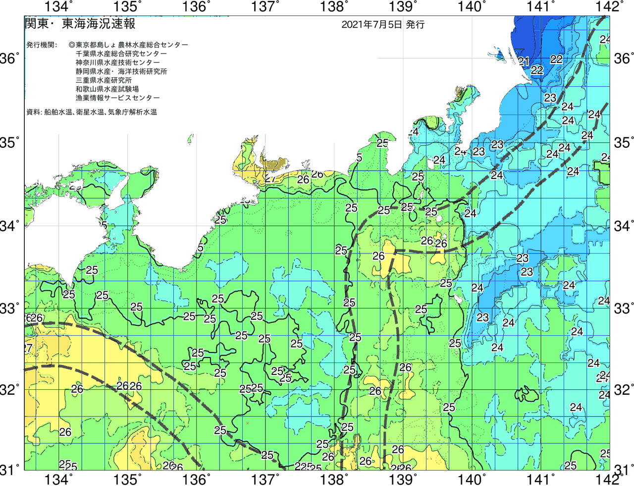 海況図, 関東・東海海況速報/広域 検索結果, (黒潮, 水温分布, 冷水域, 暖水波及 等を図示)