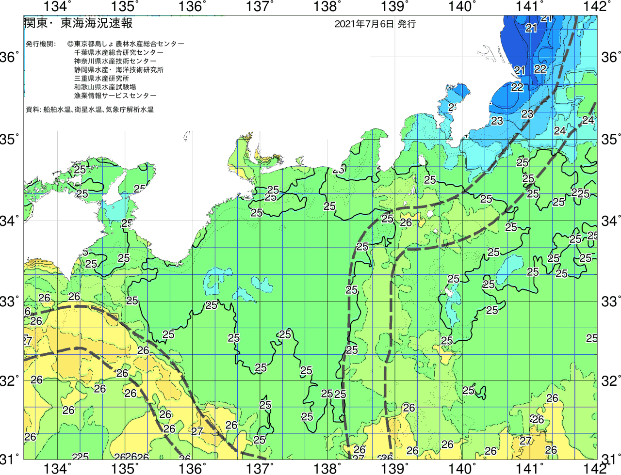 海況図, 関東・東海海況速報/広域 検索結果, (黒潮, 水温分布, 冷水域, 暖水波及 等を図示)