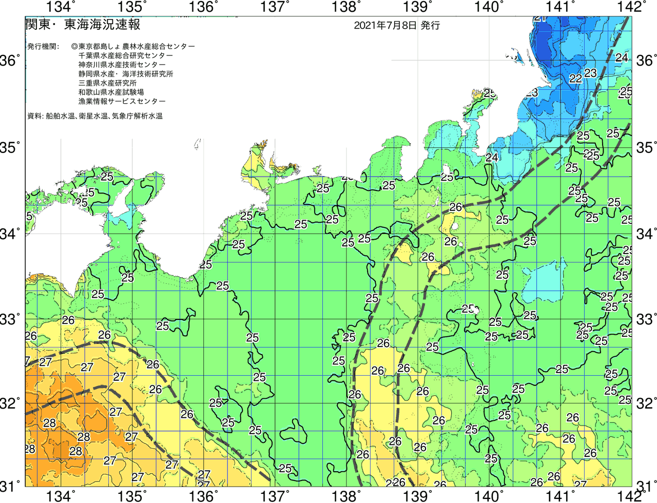 海況図, 関東・東海海況速報/広域 検索結果, (黒潮, 水温分布, 冷水域, 暖水波及 等を図示)