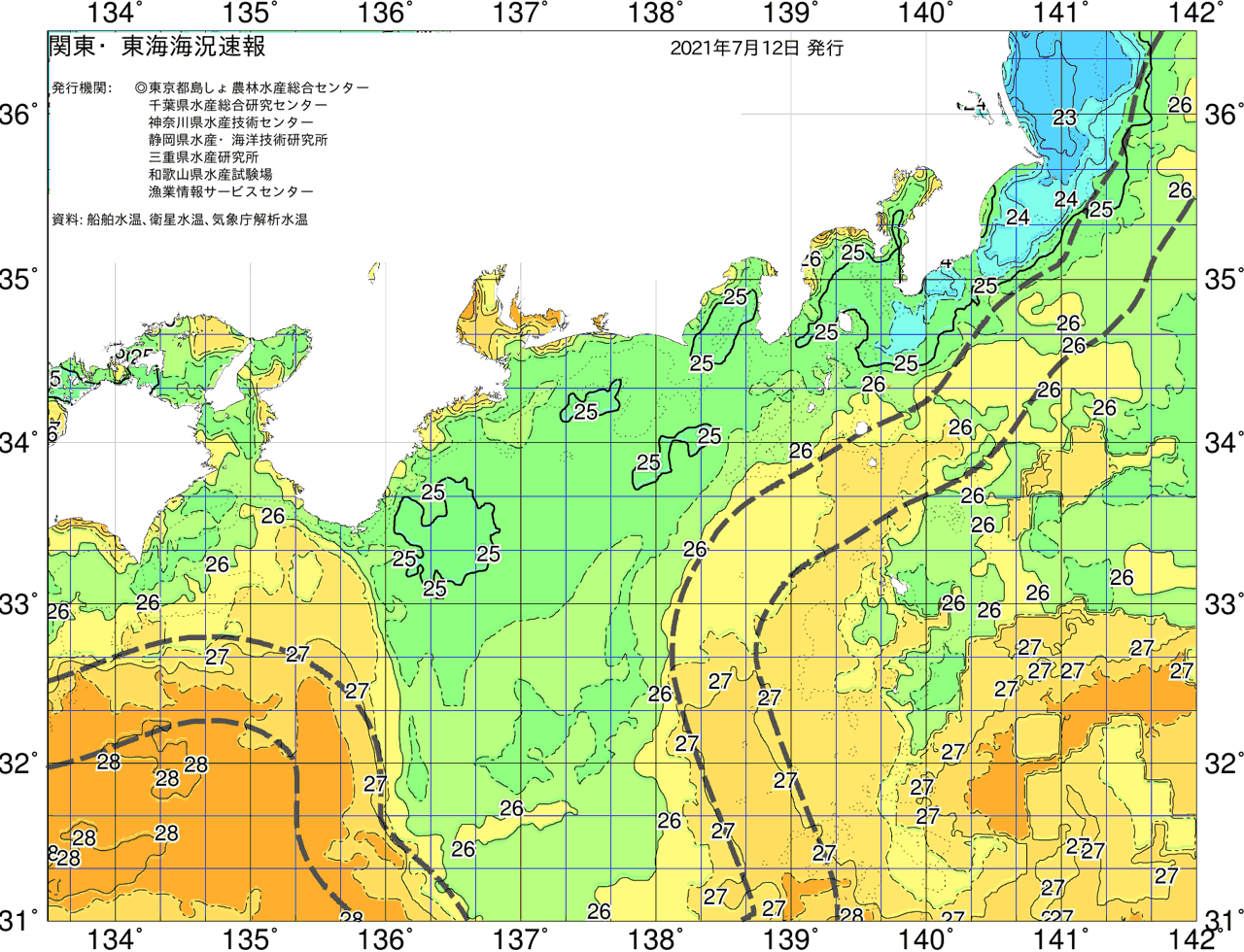 海況図, 関東・東海海況速報/広域 検索結果, (黒潮, 水温分布, 冷水域, 暖水波及 等を図示)