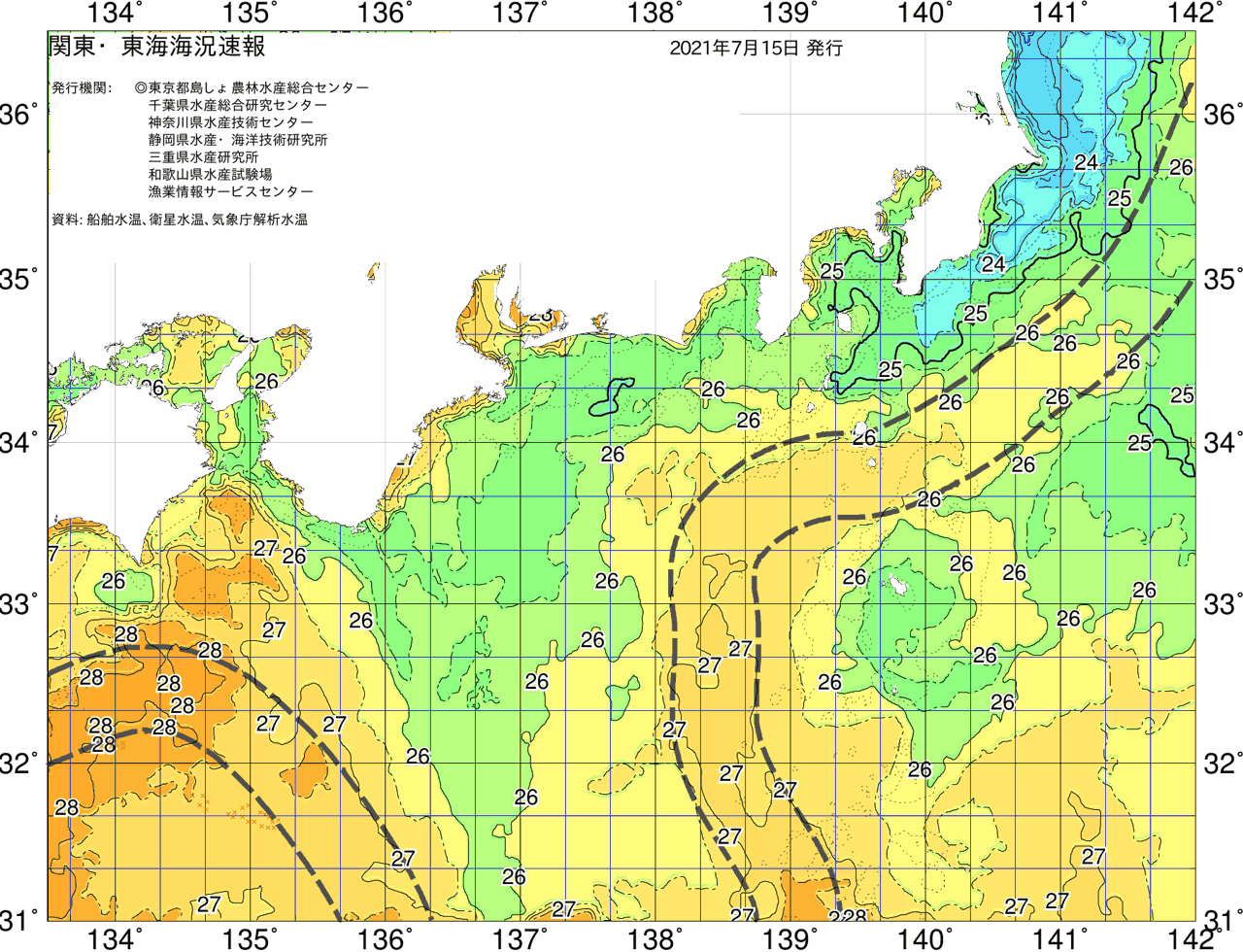 海況図, 関東・東海海況速報/広域 検索結果, (黒潮, 水温分布, 冷水域, 暖水波及 等を図示)