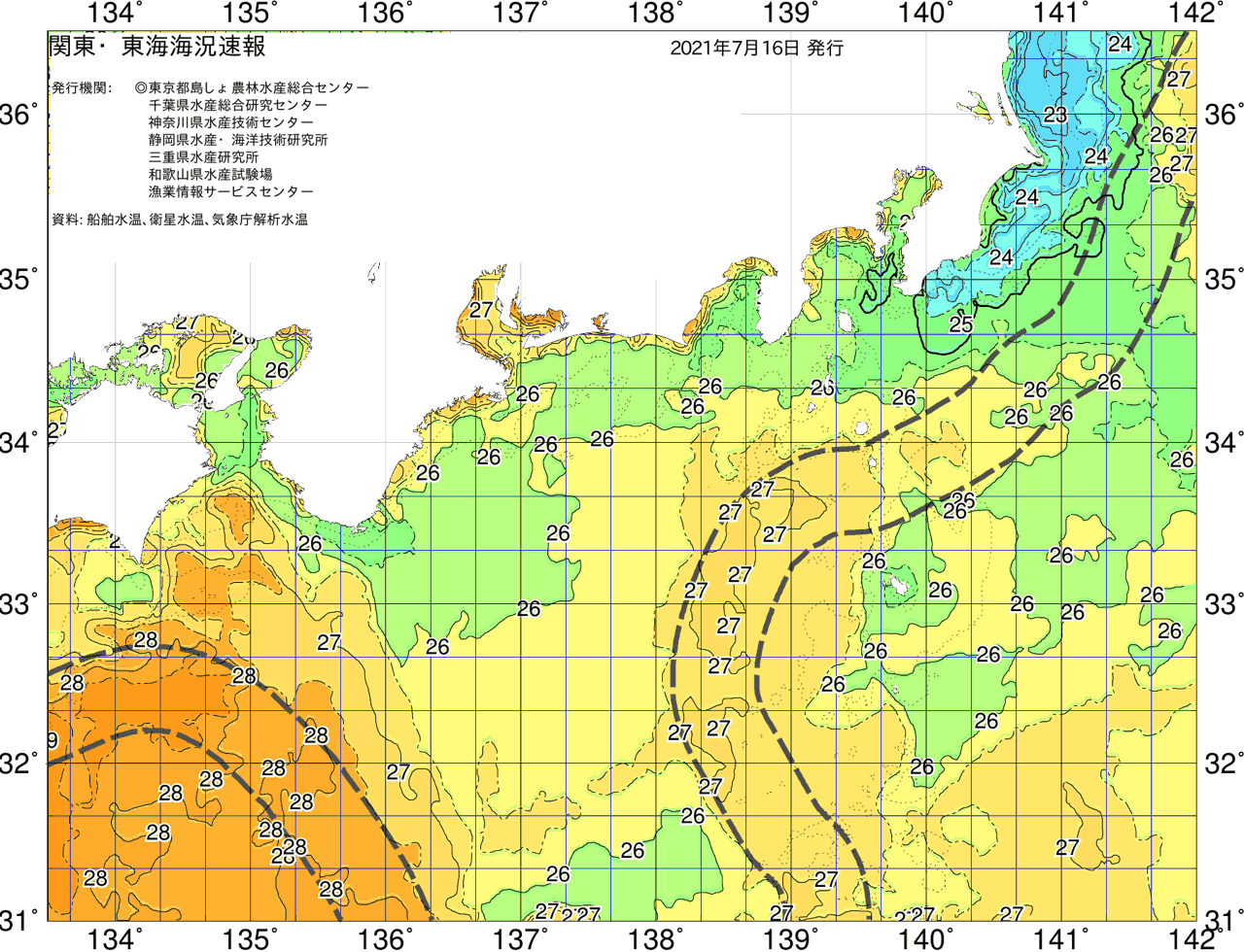 海況図, 関東・東海海況速報/広域 検索結果, (黒潮, 水温分布, 冷水域, 暖水波及 等を図示)
