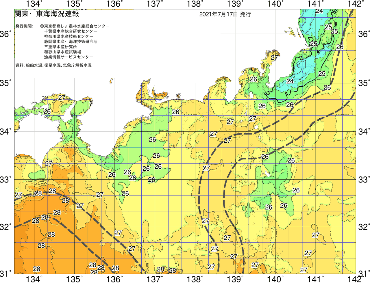 海況図, 関東・東海海況速報/広域 検索結果, (黒潮, 水温分布, 冷水域, 暖水波及 等を図示)