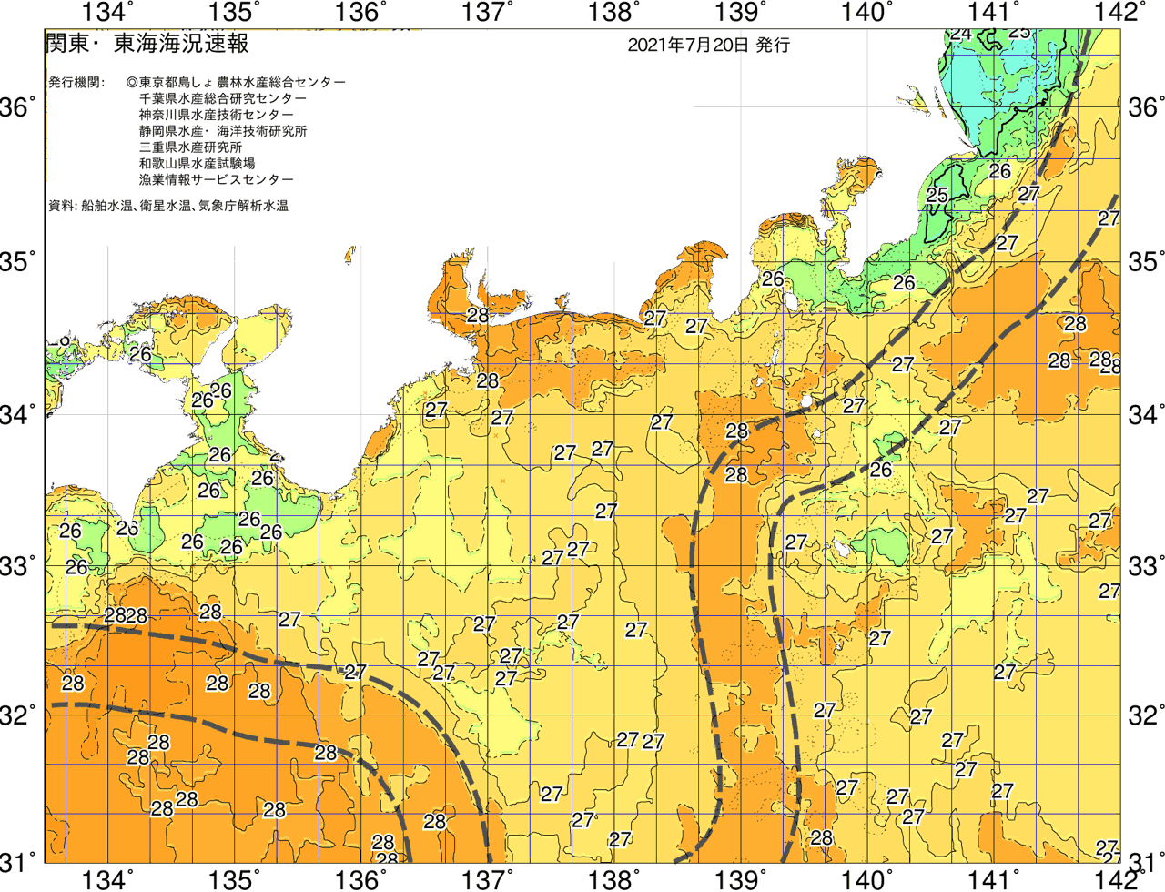 海況図, 関東・東海海況速報/広域 検索結果, (黒潮, 水温分布, 冷水域, 暖水波及 等を図示)