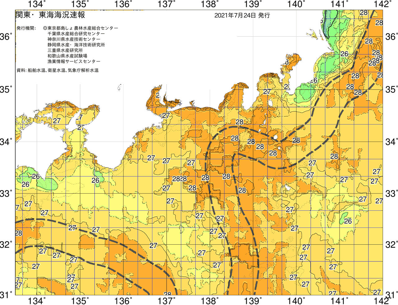 海況図, 関東・東海海況速報/広域 検索結果, (黒潮, 水温分布, 冷水域, 暖水波及 等を図示)