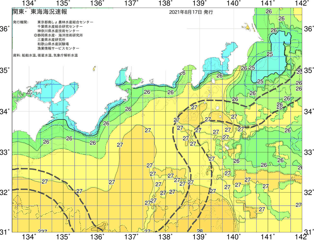海況図, 関東・東海海況速報/広域 検索結果, (黒潮, 水温分布, 冷水域, 暖水波及 等を図示)