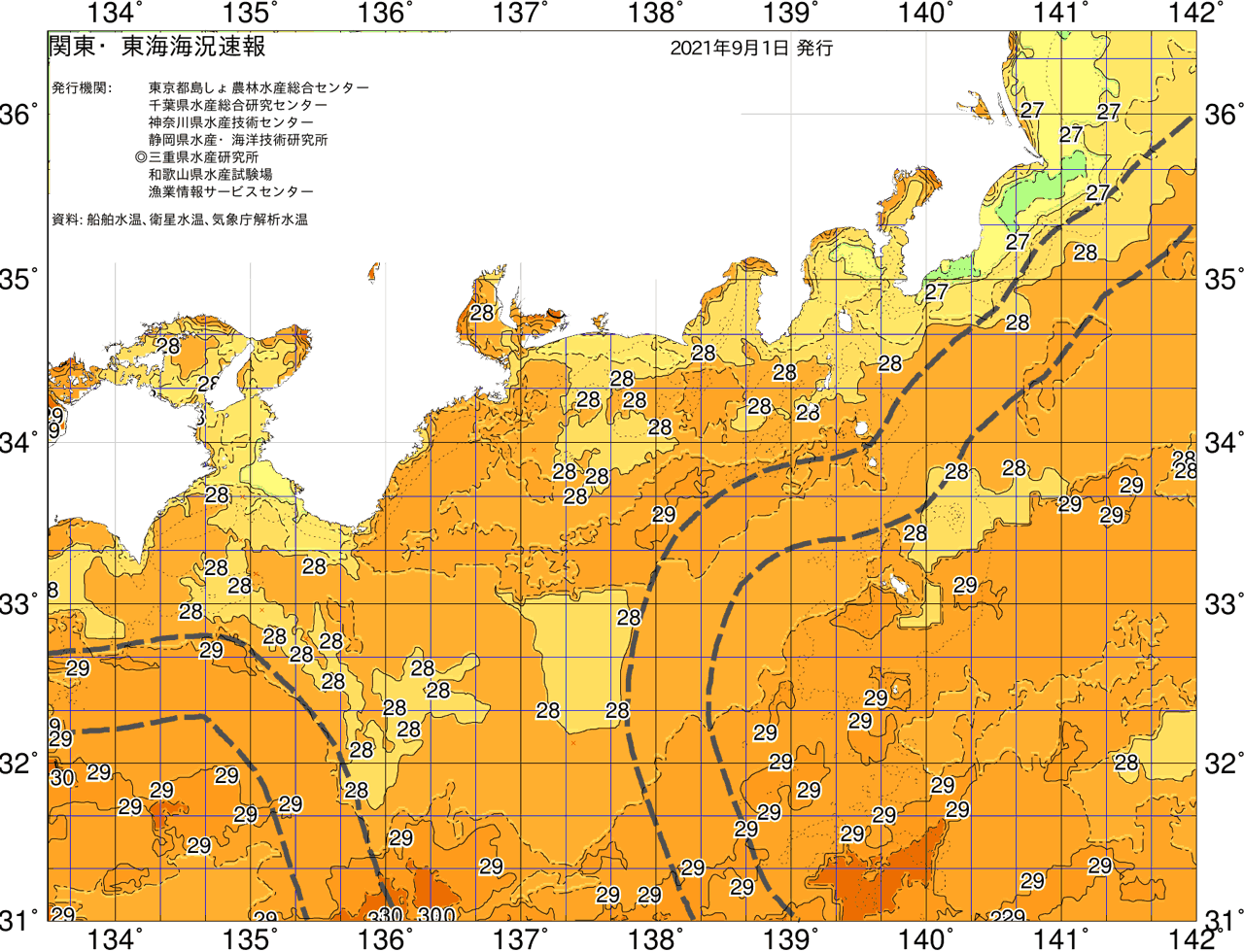 海況図, 関東・東海海況速報/広域 検索結果, (黒潮, 水温分布, 冷水域, 暖水波及 等を図示)