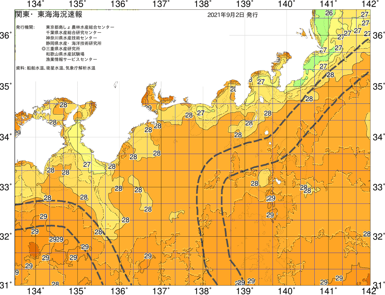 海況図, 関東・東海海況速報/広域 検索結果, (黒潮, 水温分布, 冷水域, 暖水波及 等を図示)