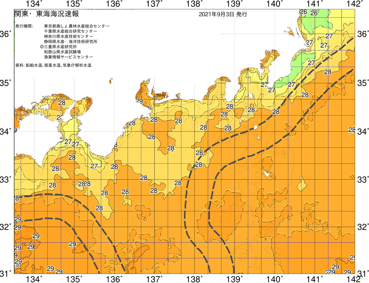 海況図, 関東・東海海況速報/広域 検索結果, (黒潮, 水温分布, 冷水域, 暖水波及 等を図示)