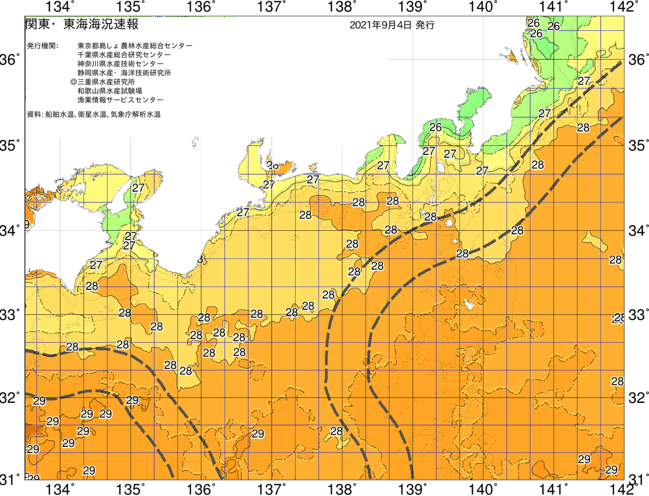 海況図, 関東・東海海況速報/広域 検索結果, (黒潮, 水温分布, 冷水域, 暖水波及 等を図示)