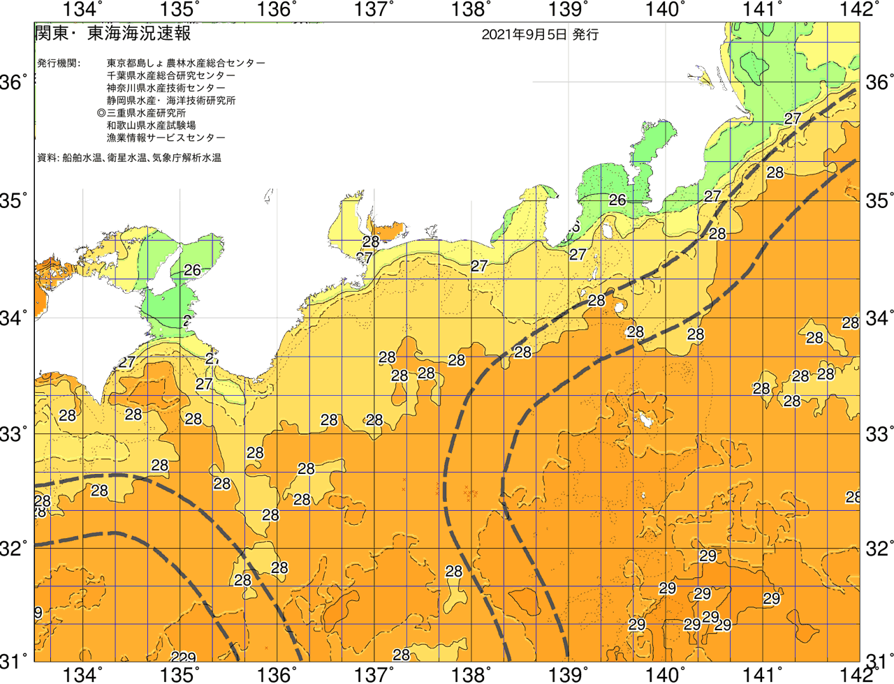 海況図, 関東・東海海況速報/広域 検索結果, (黒潮, 水温分布, 冷水域, 暖水波及 等を図示)