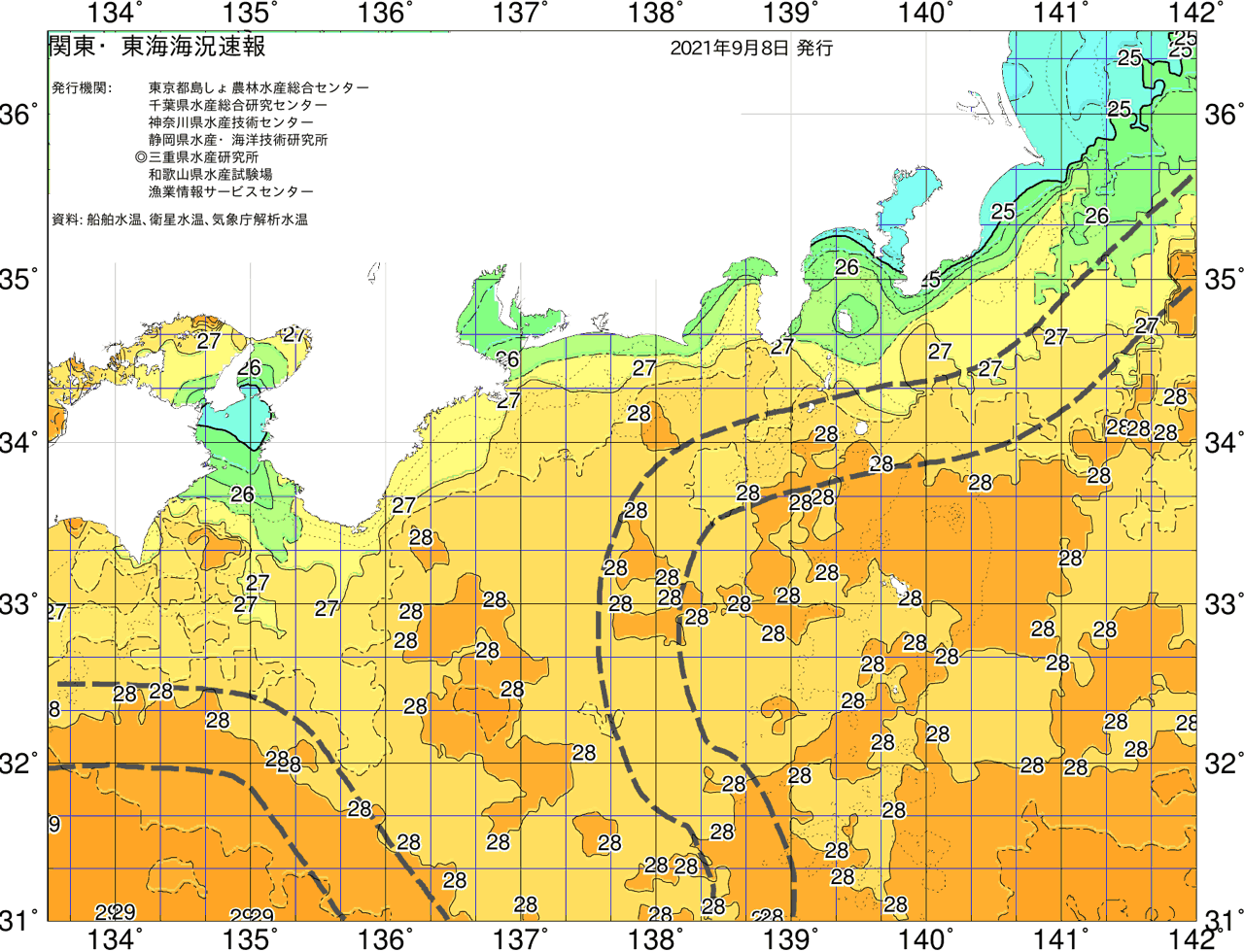 海況図, 関東・東海海況速報/広域 検索結果, (黒潮, 水温分布, 冷水域, 暖水波及 等を図示)