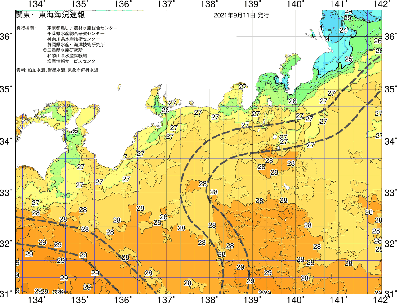 海況図, 関東・東海海況速報/広域 検索結果, (黒潮, 水温分布, 冷水域, 暖水波及 等を図示)