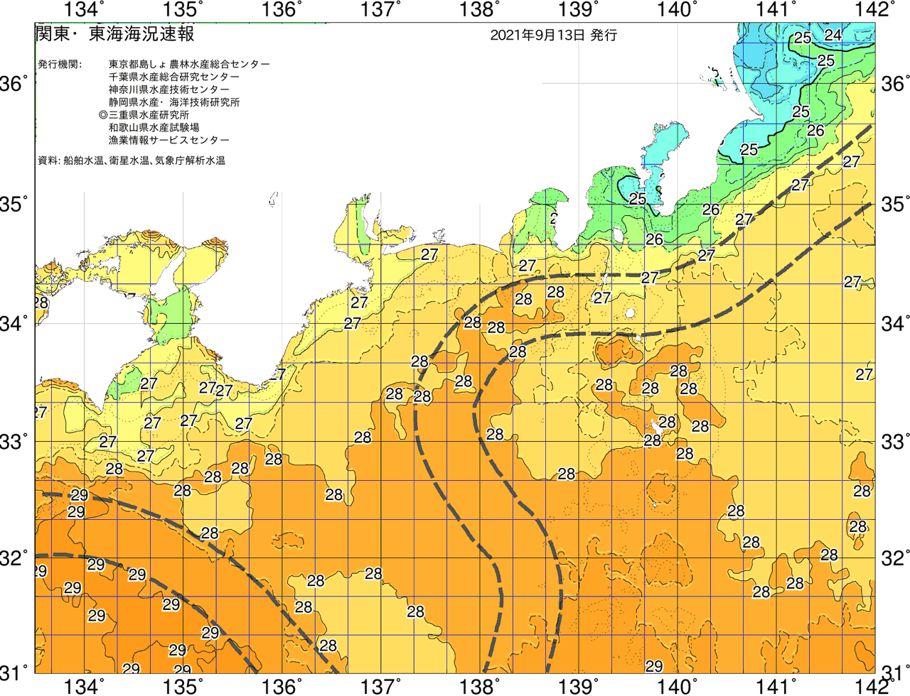 海況図, 関東・東海海況速報/広域 検索結果, (黒潮, 水温分布, 冷水域, 暖水波及 等を図示)