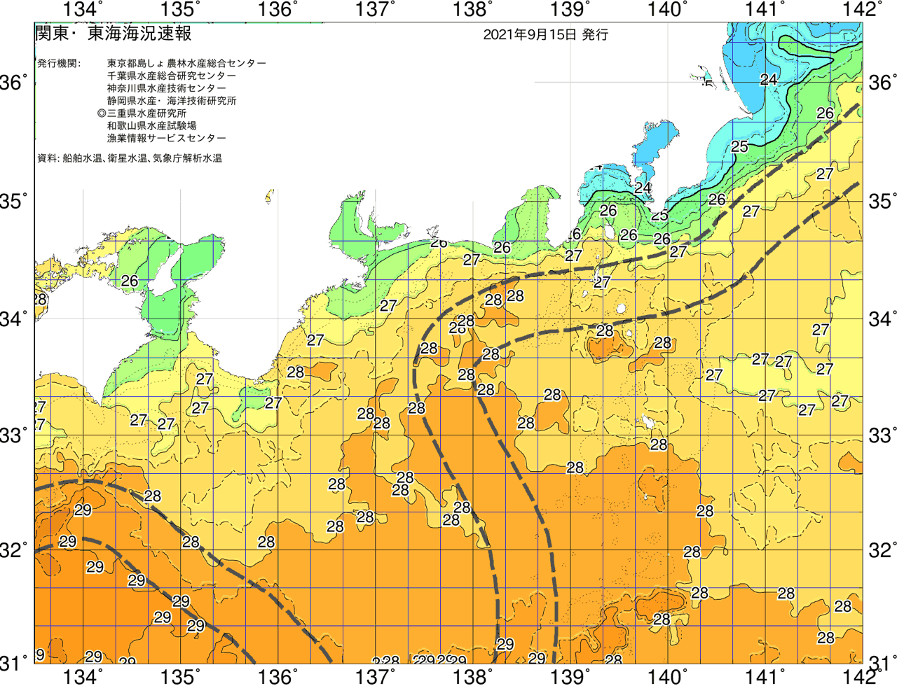 海況図, 関東・東海海況速報/広域 検索結果, (黒潮, 水温分布, 冷水域, 暖水波及 等を図示)