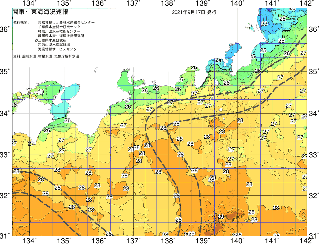 海況図, 関東・東海海況速報/広域 検索結果, (黒潮, 水温分布, 冷水域, 暖水波及 等を図示)