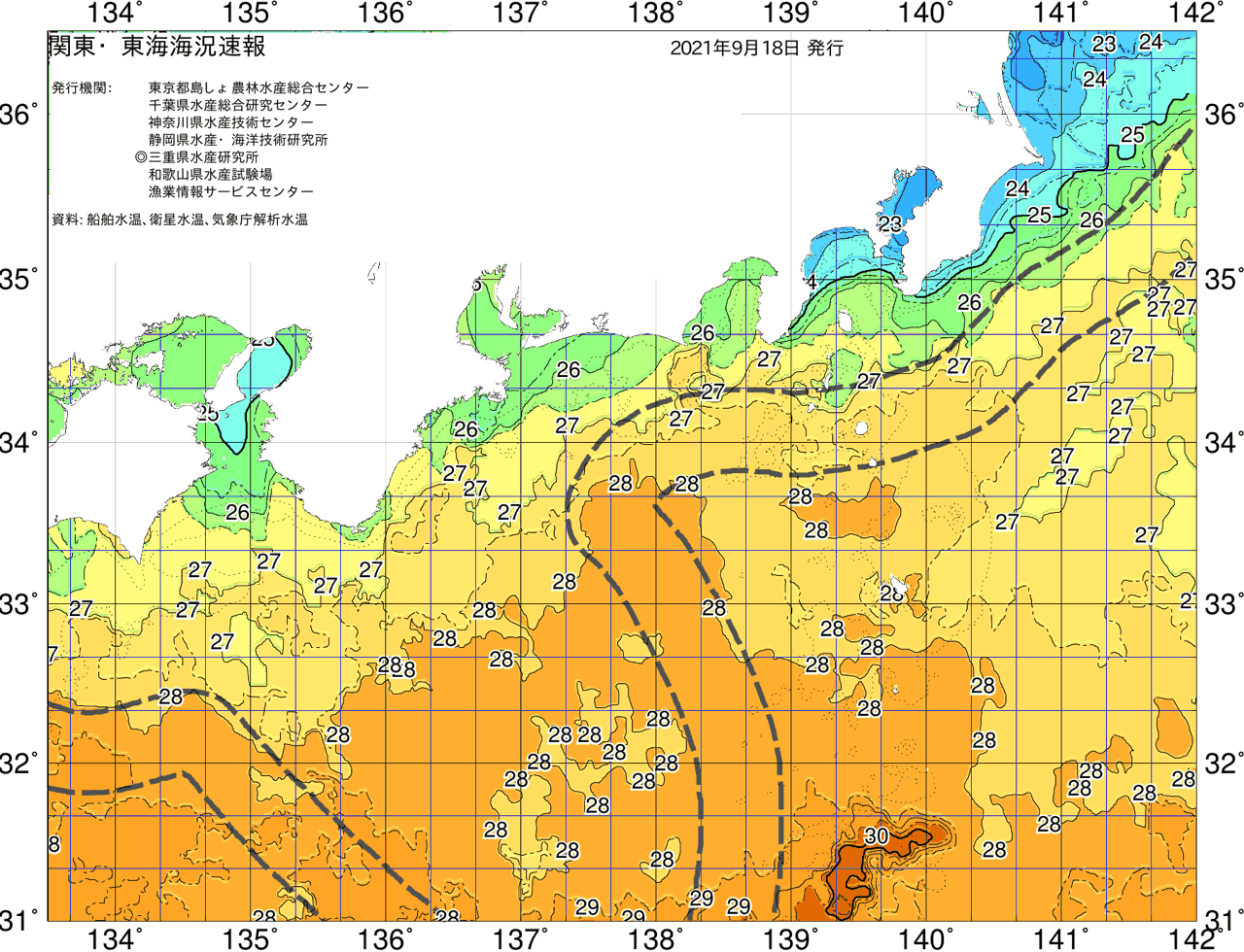 海況図, 関東・東海海況速報/広域 検索結果, (黒潮, 水温分布, 冷水域, 暖水波及 等を図示)