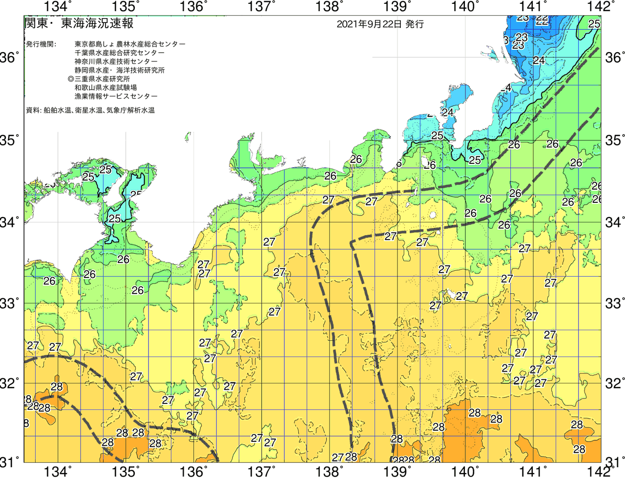 海況図, 関東・東海海況速報/広域 検索結果, (黒潮, 水温分布, 冷水域, 暖水波及 等を図示)