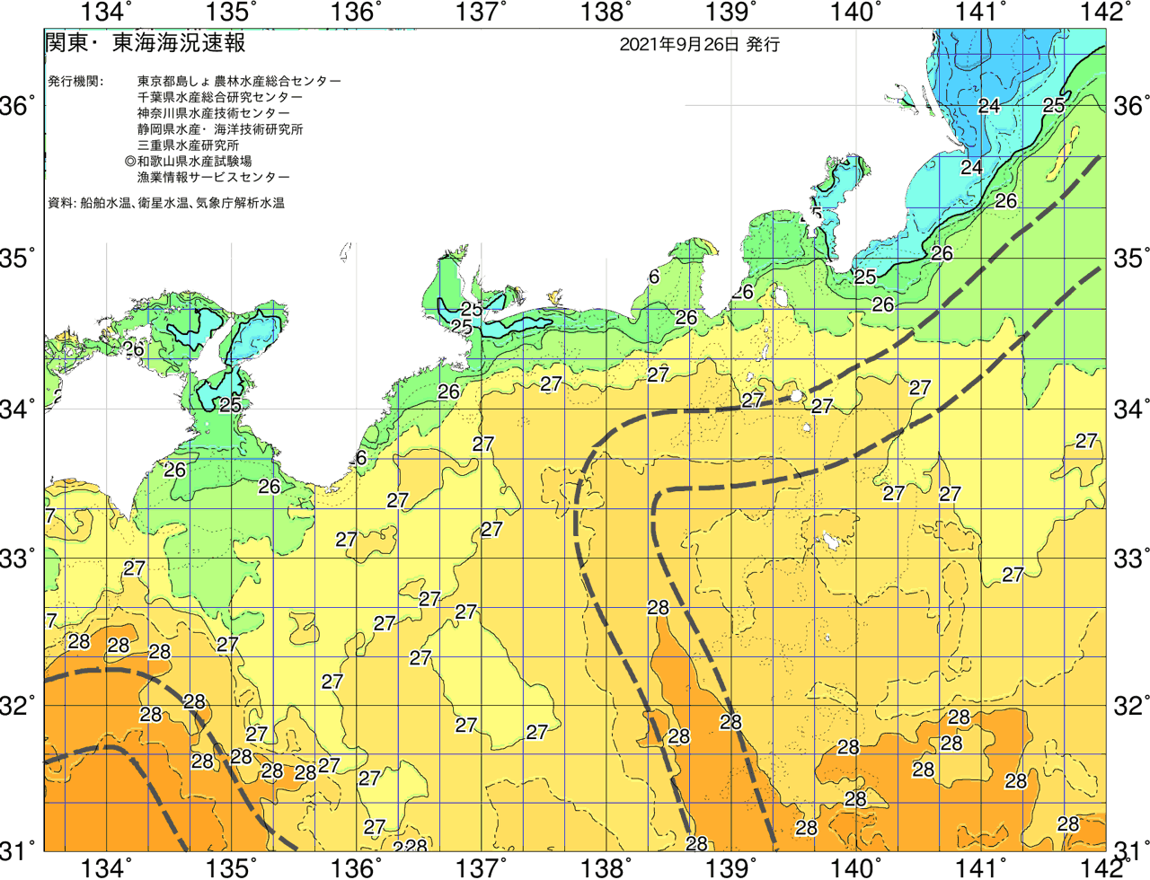 海況図, 関東・東海海況速報/広域 検索結果, (黒潮, 水温分布, 冷水域, 暖水波及 等を図示)