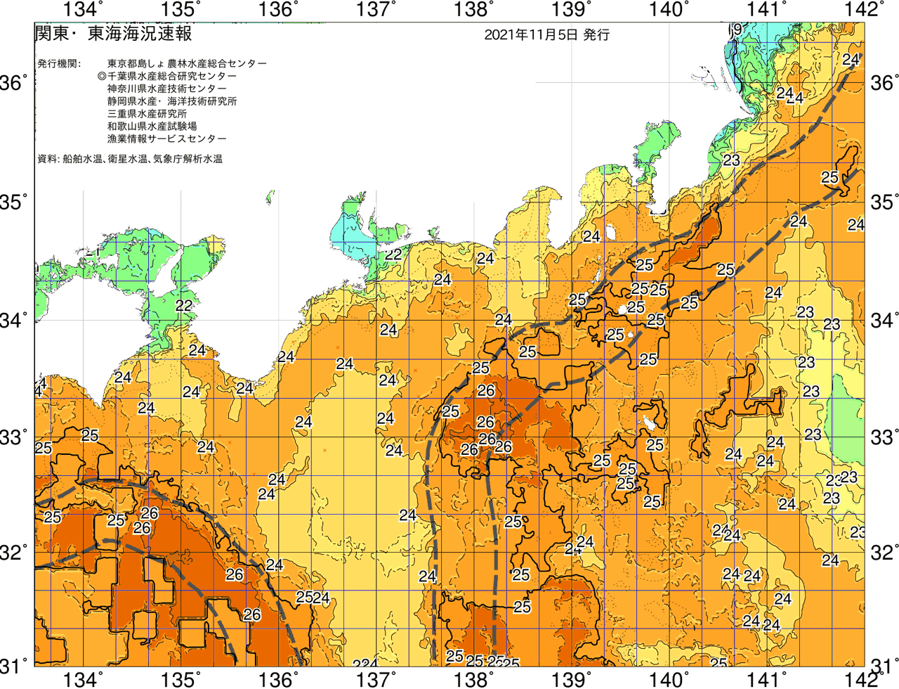 海況図, 関東・東海海況速報/広域 検索結果, (黒潮, 水温分布, 冷水域, 暖水波及 等を図示)