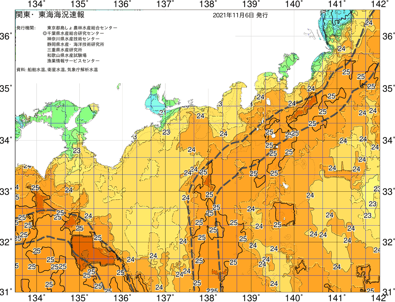 海況図, 関東・東海海況速報/広域 検索結果, (黒潮, 水温分布, 冷水域, 暖水波及 等を図示)