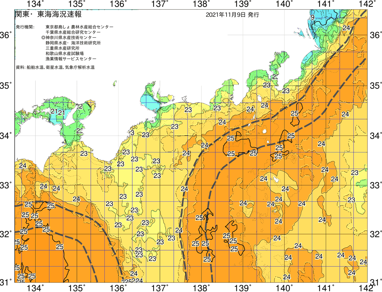 海況図, 関東・東海海況速報/広域 検索結果, (黒潮, 水温分布, 冷水域, 暖水波及 等を図示)