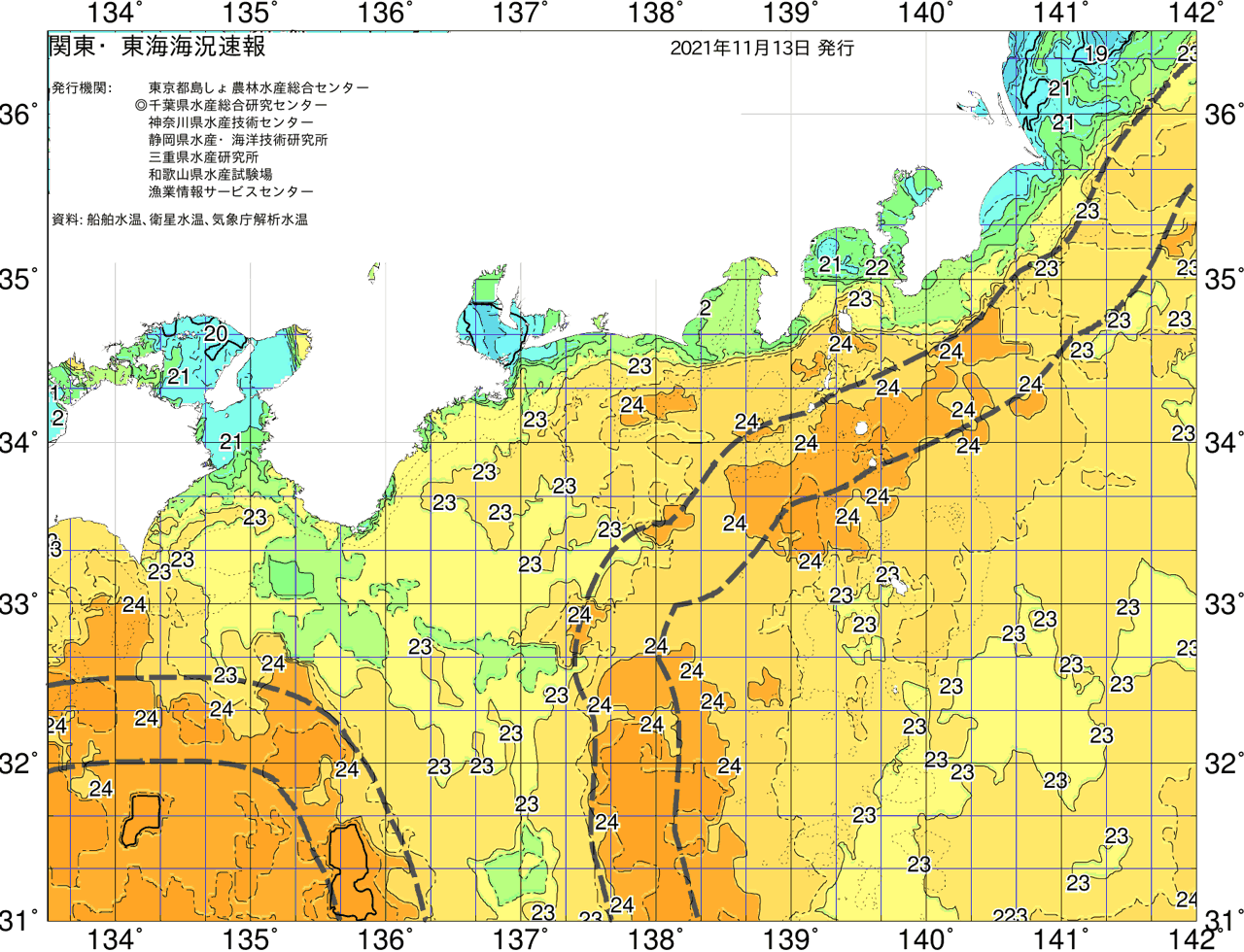 海況図, 関東・東海海況速報/広域 検索結果, (黒潮, 水温分布, 冷水域, 暖水波及 等を図示)