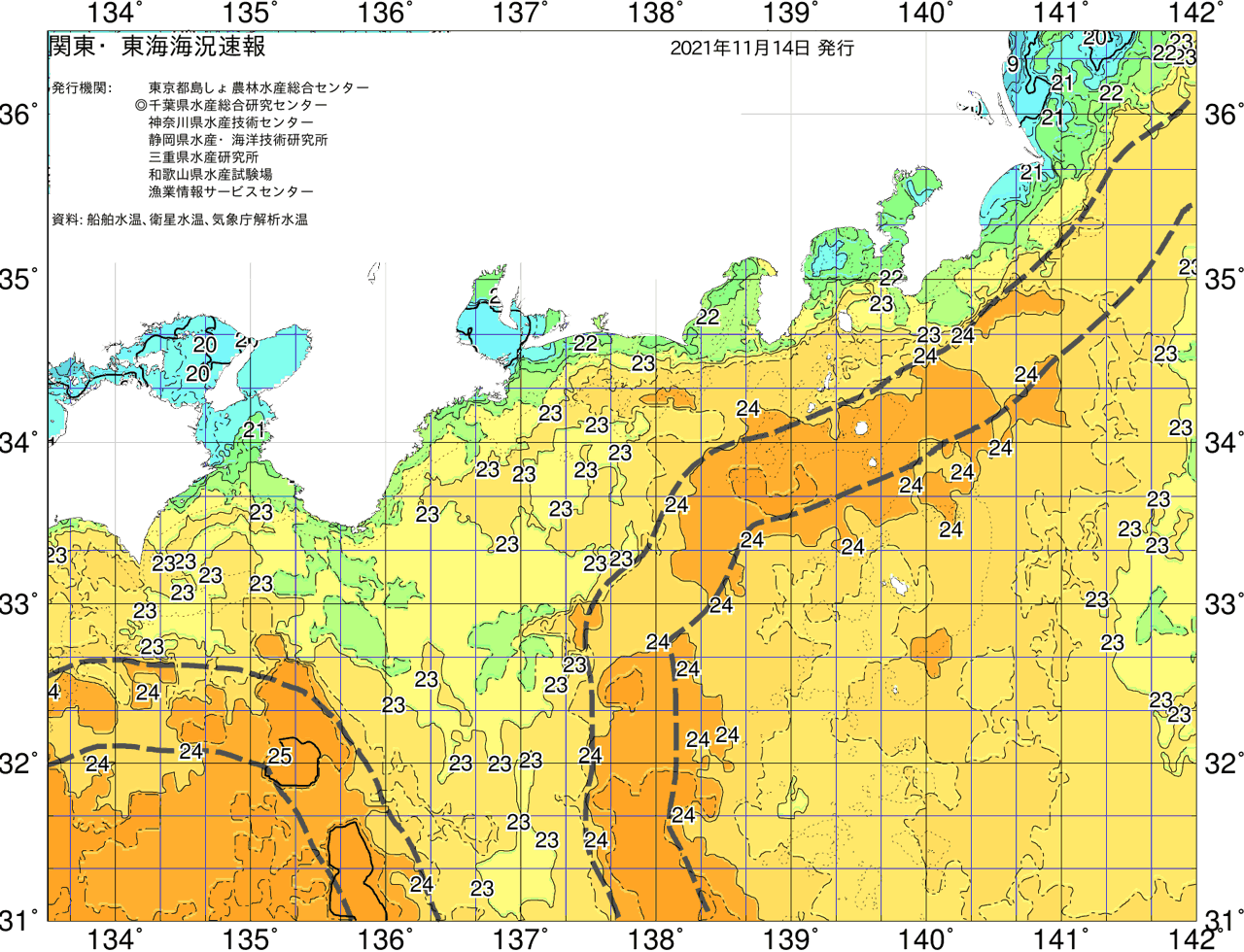 海況図, 関東・東海海況速報/広域 検索結果, (黒潮, 水温分布, 冷水域, 暖水波及 等を図示)