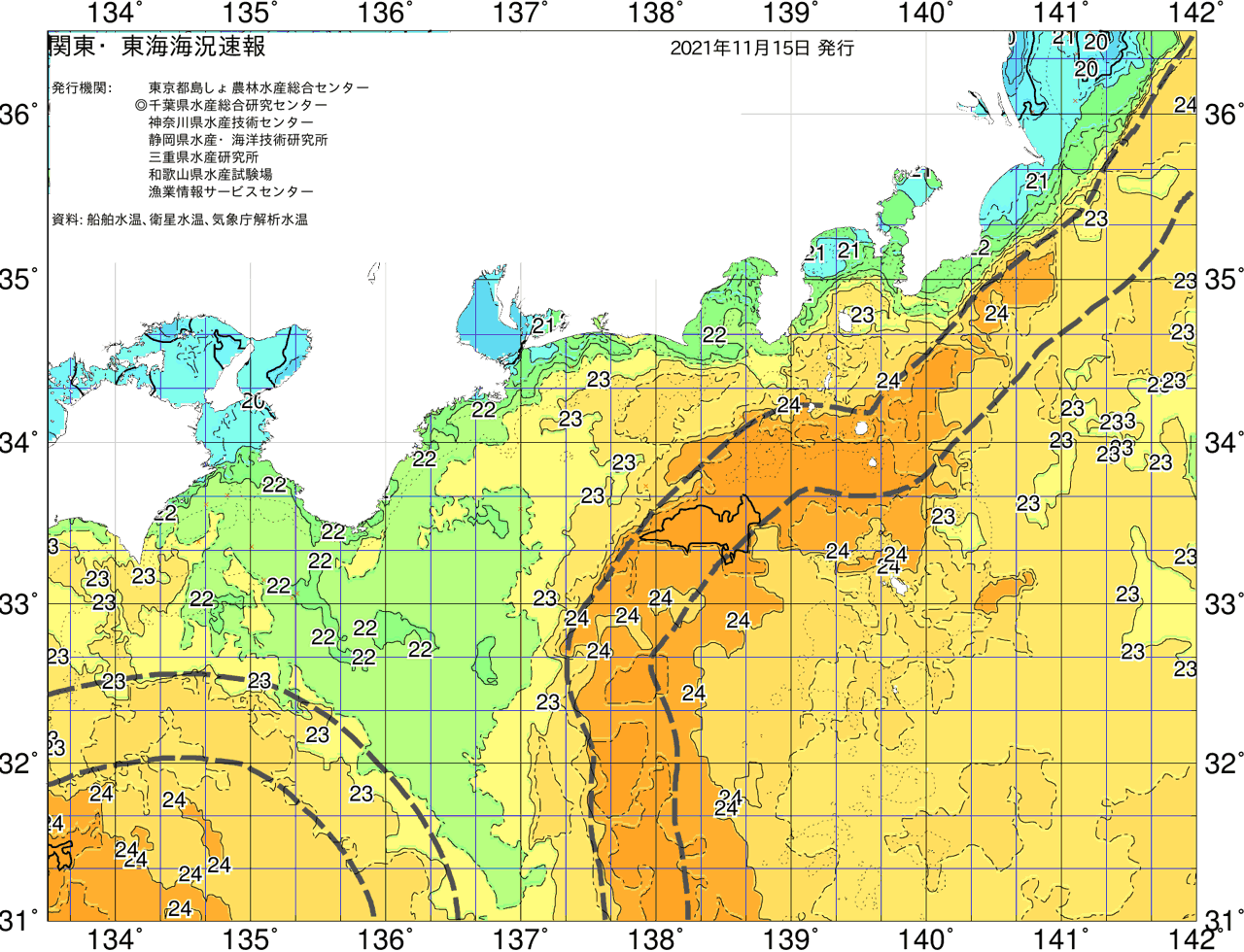 海況図, 関東・東海海況速報/広域 検索結果, (黒潮, 水温分布, 冷水域, 暖水波及 等を図示)