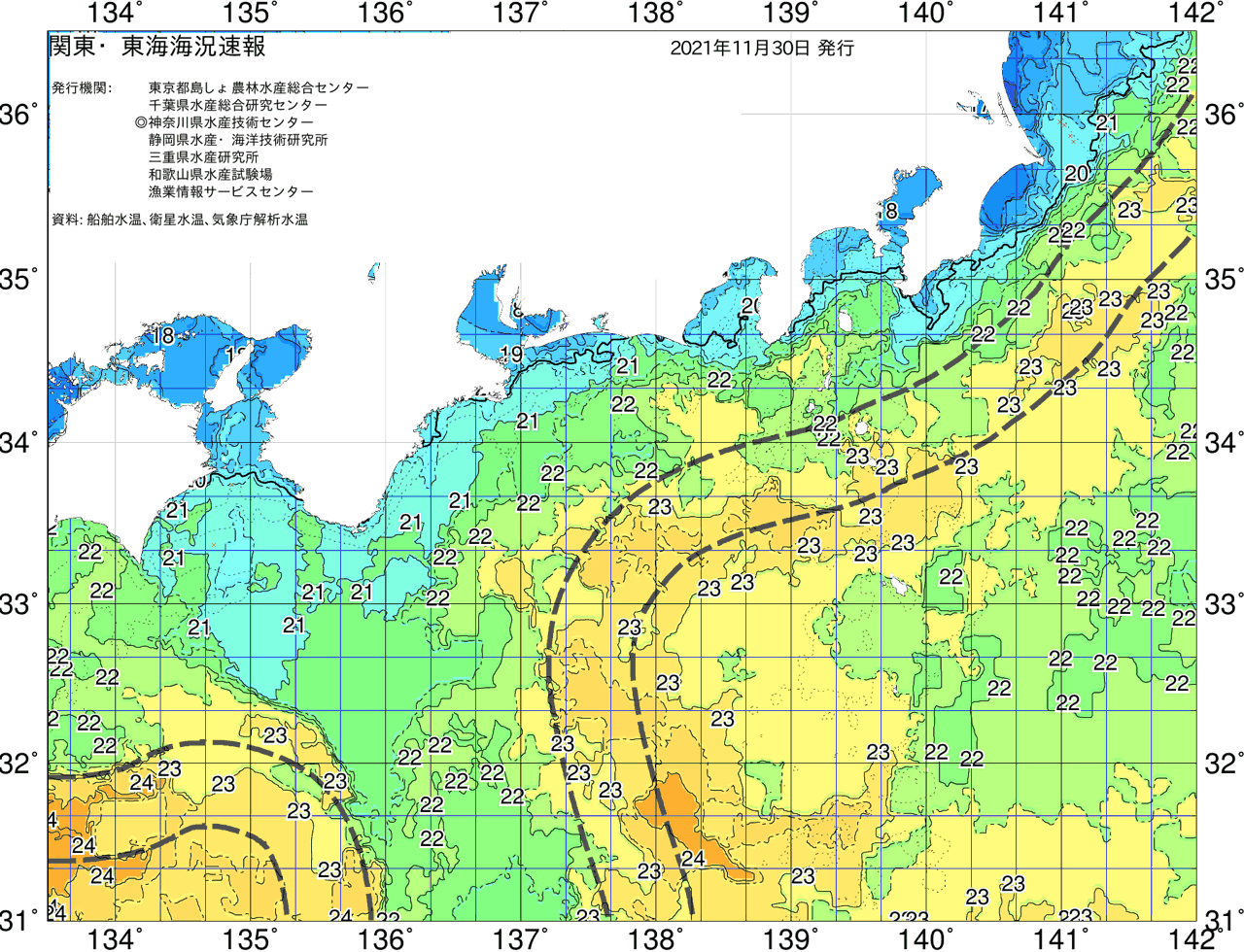 海況図, 関東・東海海況速報/広域 検索結果, (黒潮, 水温分布, 冷水域, 暖水波及 等を図示)