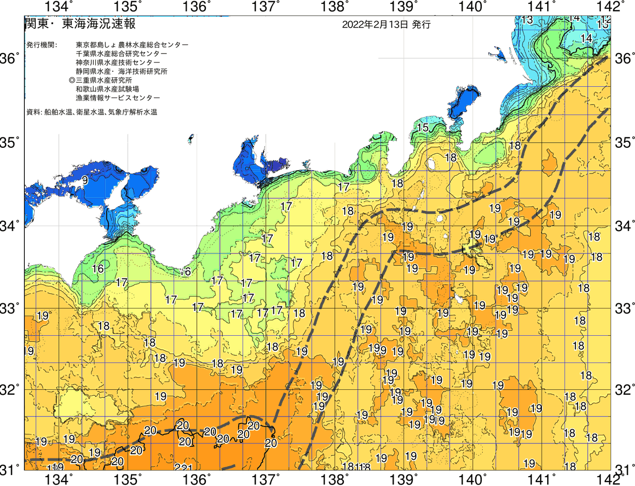 海況図, 関東・東海海況速報/広域 検索結果, (黒潮, 水温分布, 冷水域, 暖水波及 等を図示)