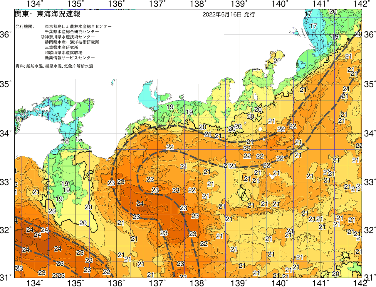 海況図, 関東・東海海況速報/広域 検索結果, (黒潮, 水温分布, 冷水域, 暖水波及 等を図示)