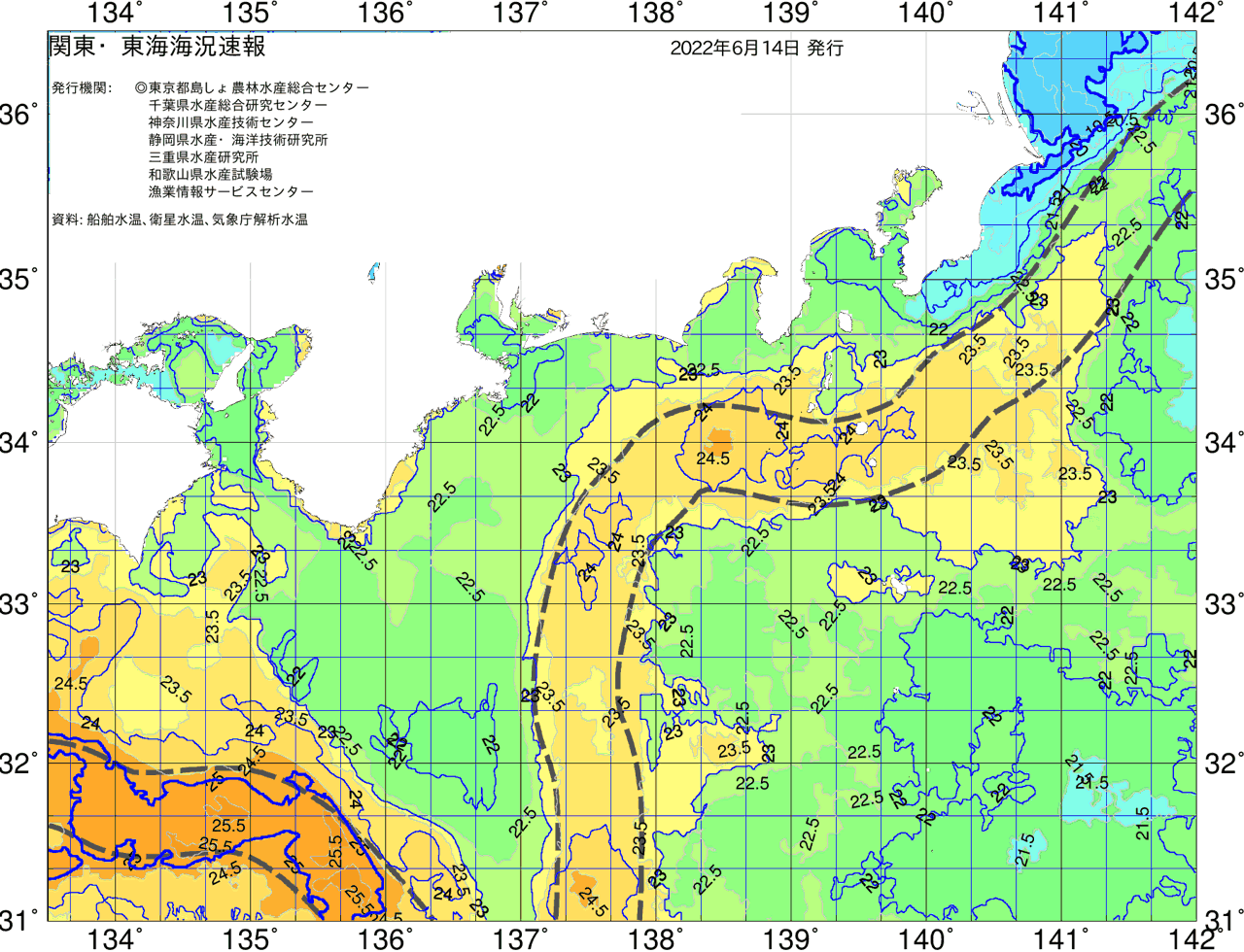 海況図, 関東・東海海況速報/広域 検索結果, (黒潮, 水温分布, 冷水域, 暖水波及 等を図示)