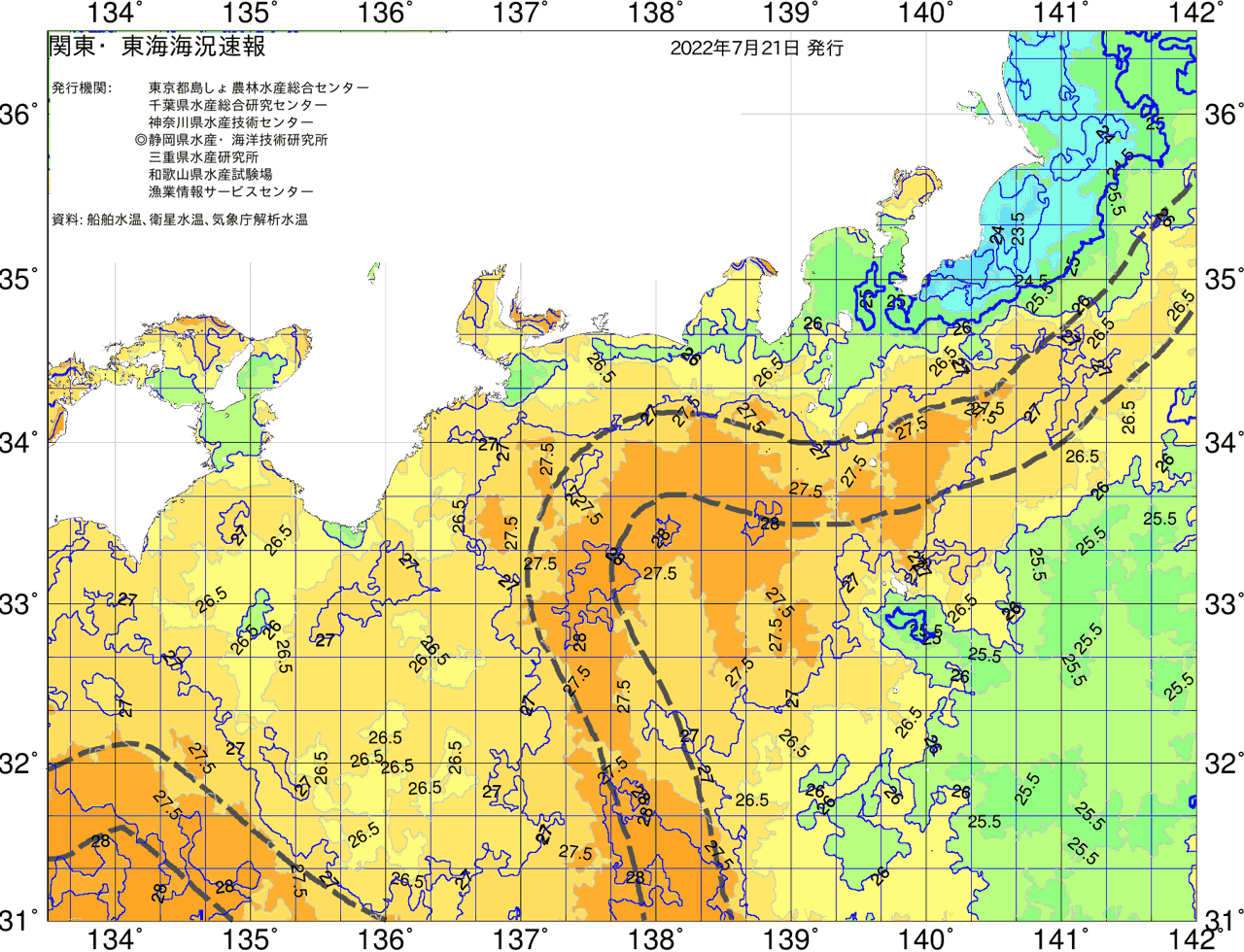 海況図, 関東・東海海況速報/広域 検索結果, (黒潮, 水温分布, 冷水域, 暖水波及 等を図示)