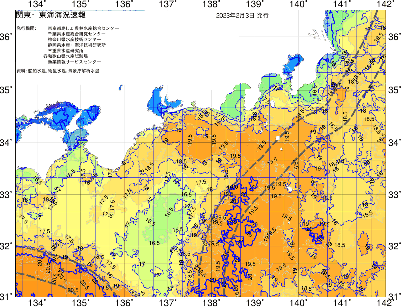 海況図, 関東・東海海況速報/広域 検索結果, (黒潮, 水温分布, 冷水域, 暖水波及 等を図示)