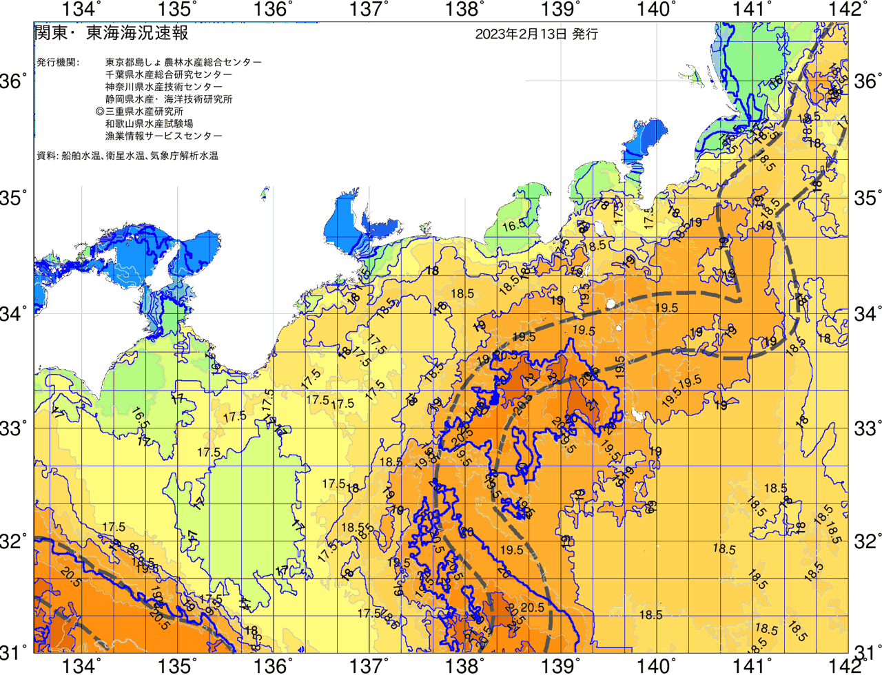 海況図, 関東・東海海況速報/広域 検索結果, (黒潮, 水温分布, 冷水域, 暖水波及 等を図示)