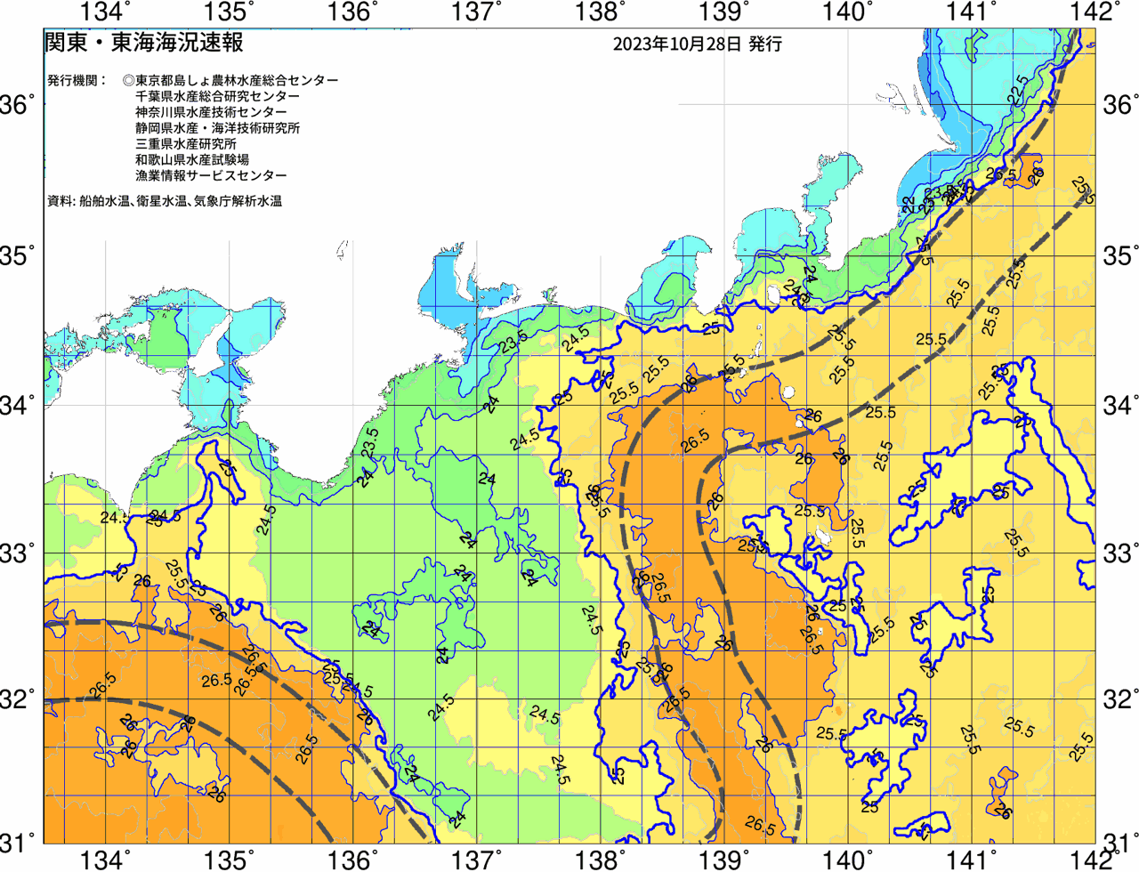 海況図, 関東・東海海況速報/広域 検索結果, (黒潮, 水温分布, 冷水域, 暖水波及 等を図示)