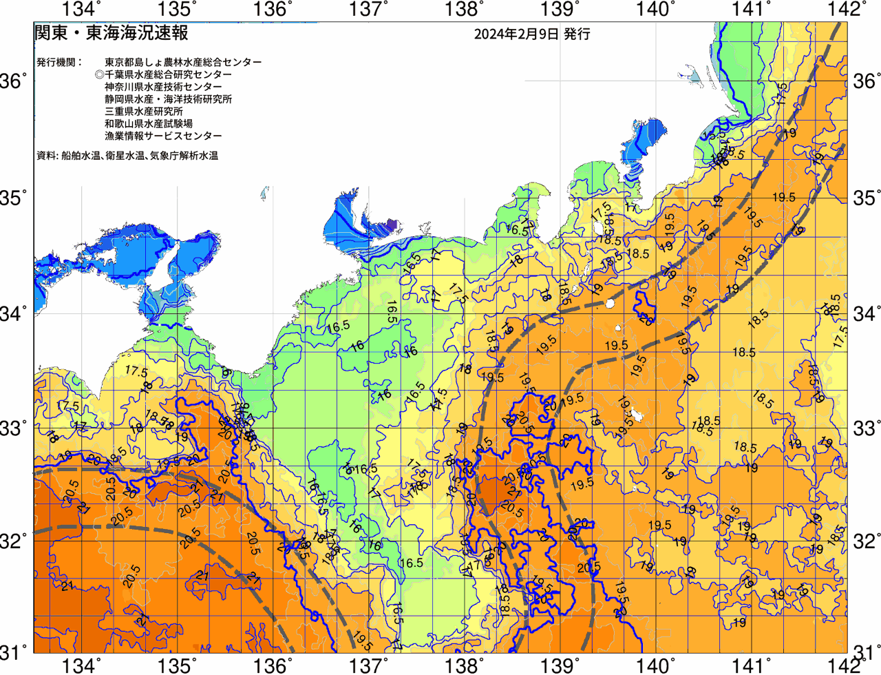 海況図, 関東・東海海況速報/広域 検索結果, (黒潮, 水温分布, 冷水域, 暖水波及 等を図示)