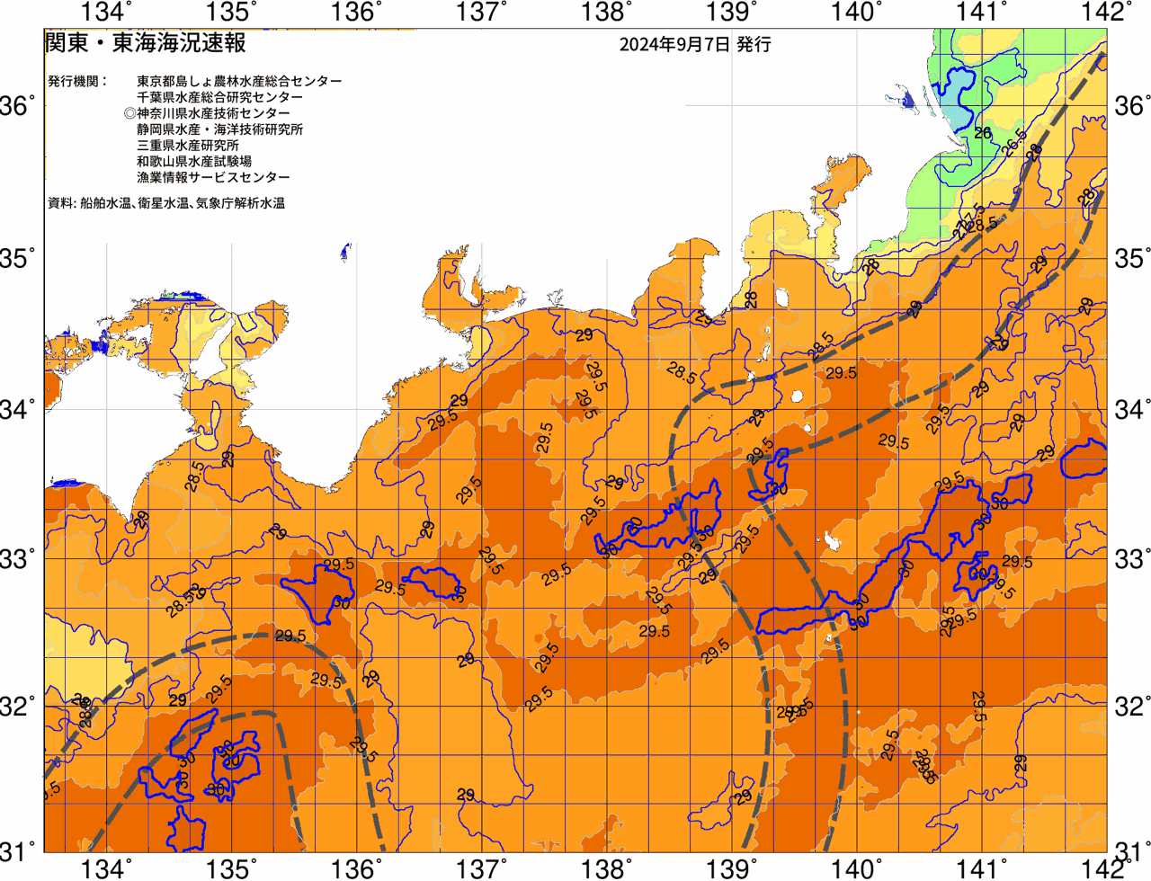海況図, 関東・東海海況速報/広域 検索結果, (黒潮, 水温分布, 冷水域, 暖水波及 等を図示)