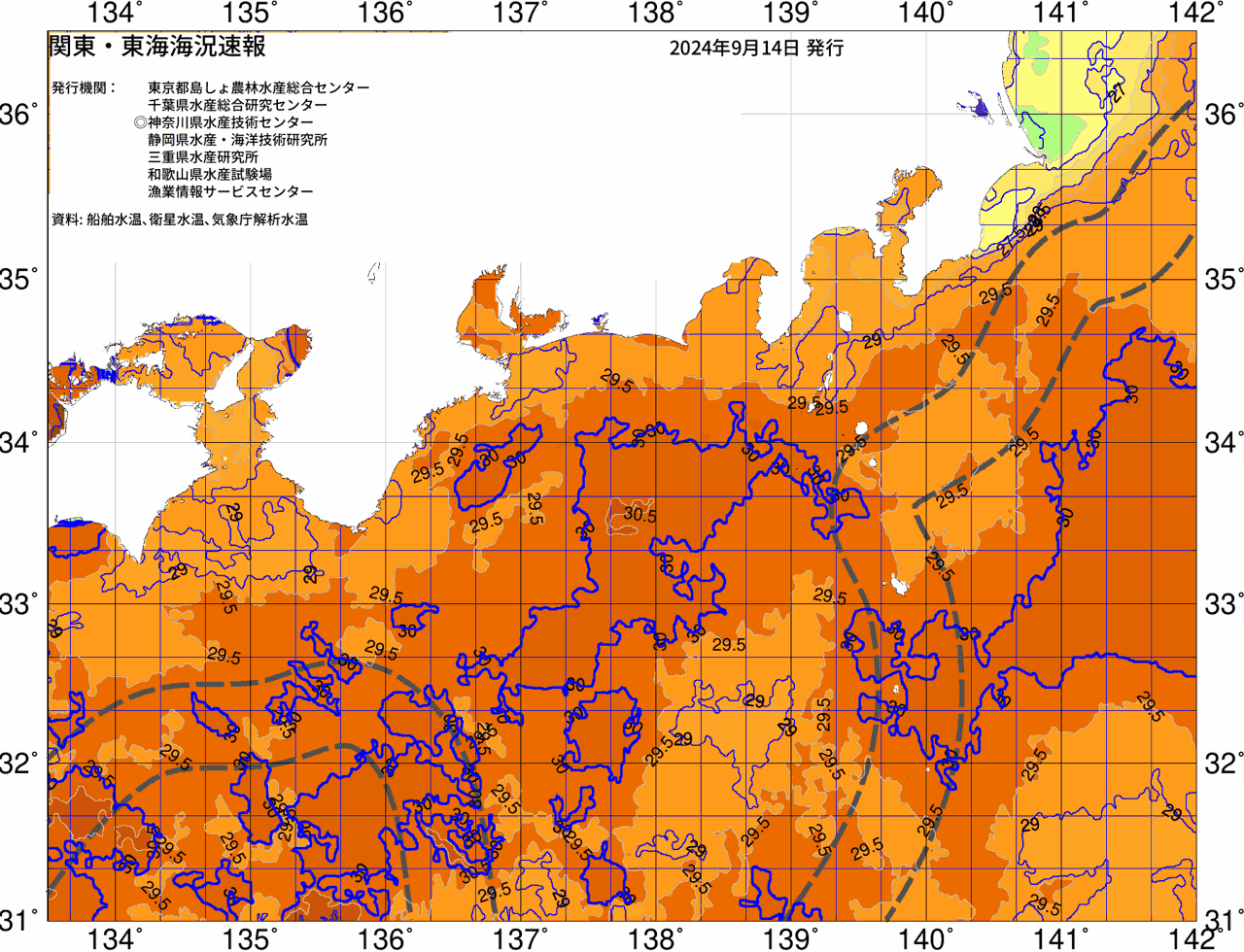 海況図, 関東・東海海況速報/広域 検索結果, (黒潮, 水温分布, 冷水域, 暖水波及 等を図示)