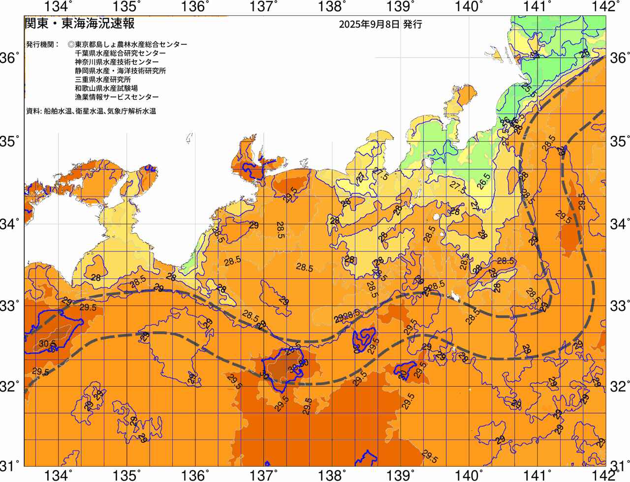 海況図, 関東・東海海況速報/広域 検索結果, (黒潮, 水温分布, 冷水域, 暖水波及 等を図示)